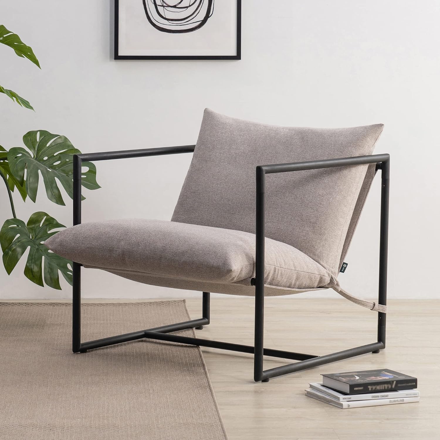 Zinus Aidan Sling Accent Chair, Metal Framed Armchair with Shredded Foam Cushioning, Oatmeal