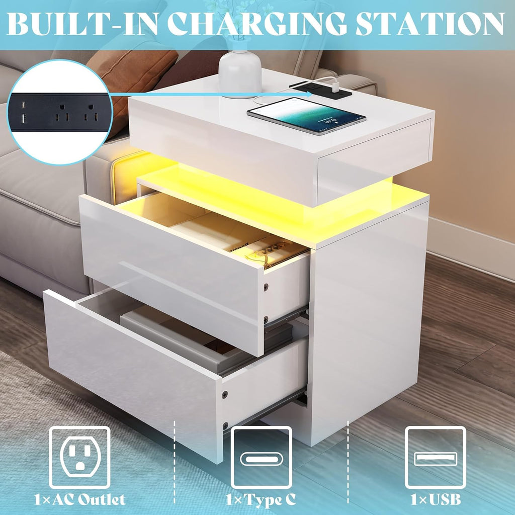 AMERLIFE Modern 3-Piece Table Set for Living Room, White High Gloss Coffee Table with LED Lights, 2 Matching End Side Tables, Nightstand Set with Charging Station