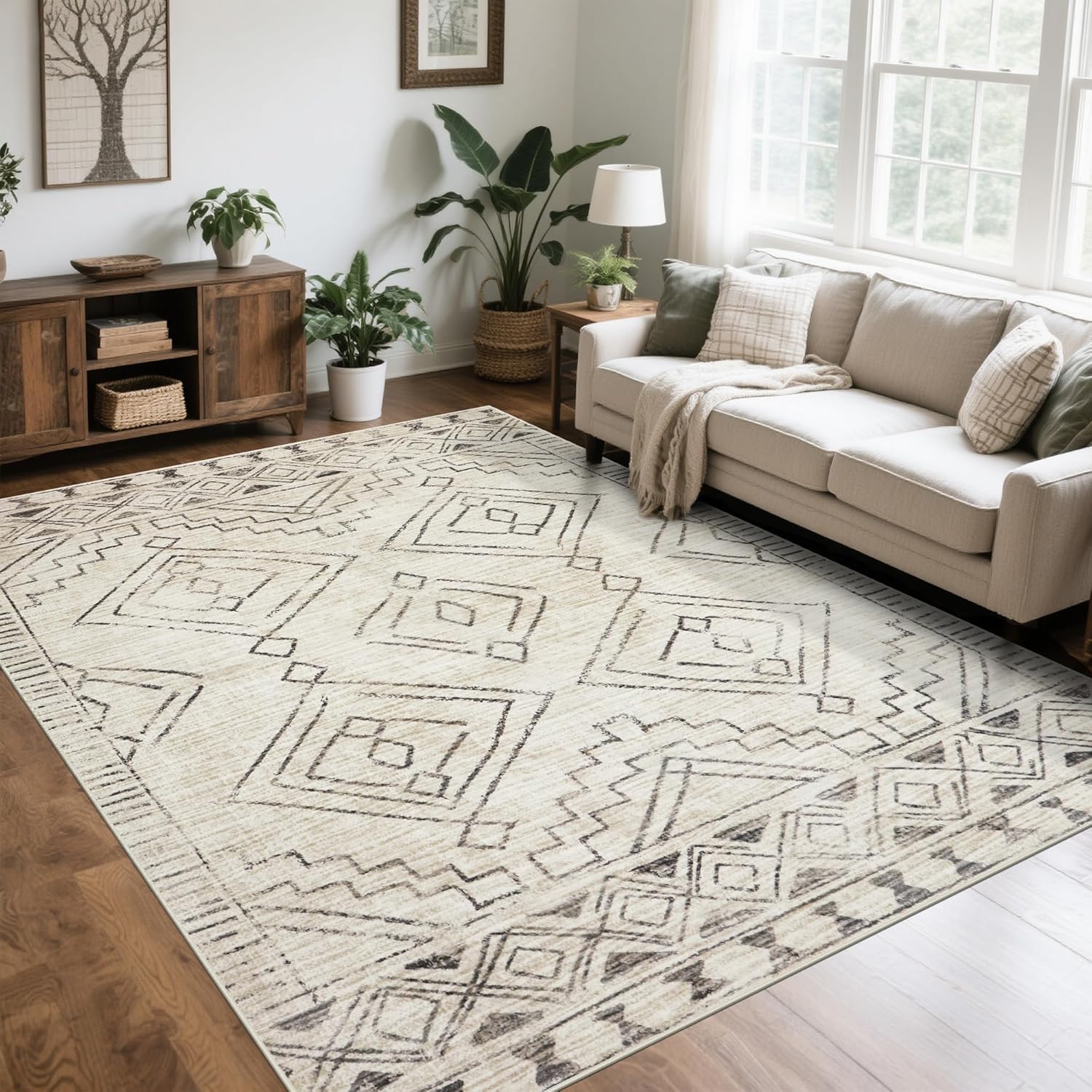 Srugn Washable Rugs 8x10 Area Rugs for Living Room,Ultra Soft Faux Wool Retro Rugs for Bedroom,Dining Room,Non Slip&Non-Shedding Low Pile Vintage Print Rug Indoor Large Carpets for Home Office Decor