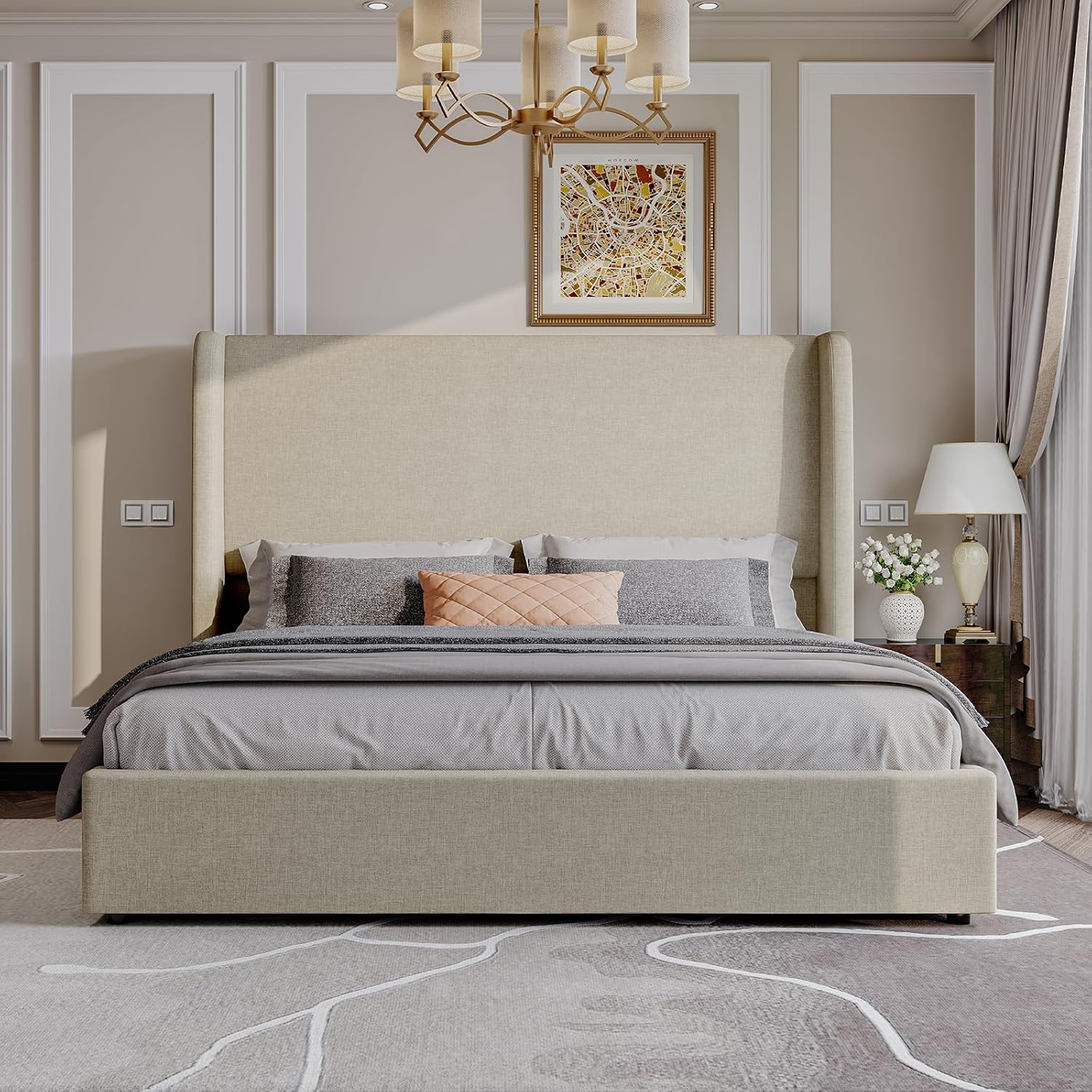 AMERLIFE Lift Up Storage Bed Queen Size Linen Upholstered Platform Bed Frame, Hydraulic Storage,Modern Wingback Headboard, No Box Spring Needed, Khaki