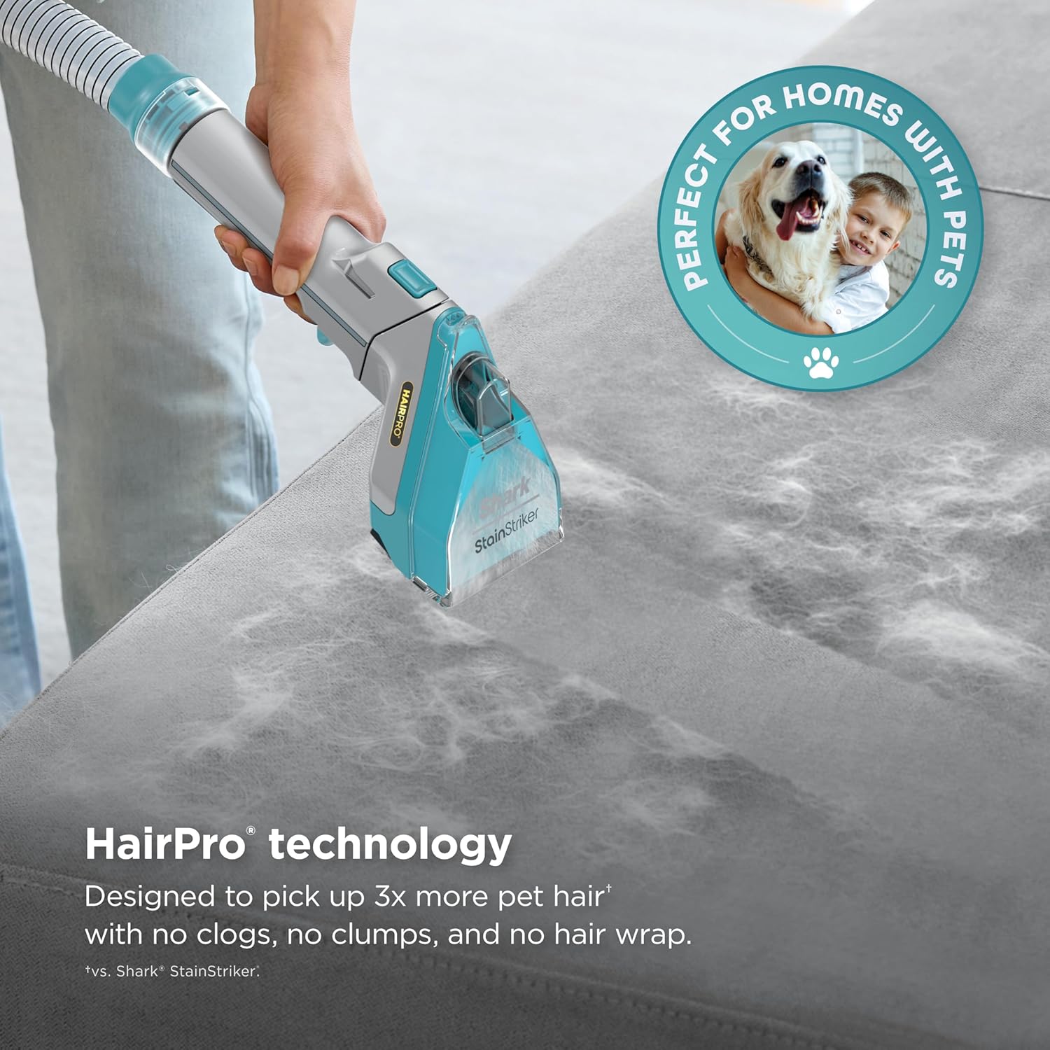 Shark StainStriker HairPro | Portable Carpet, Upholstery & Rug Cleaner | 3 Tools | Self-Cleaning | Perfect for Pets | Ultra-Powerful Stain & Odor Remover | Pet & OXY Solutions | Teal | PX253BRN