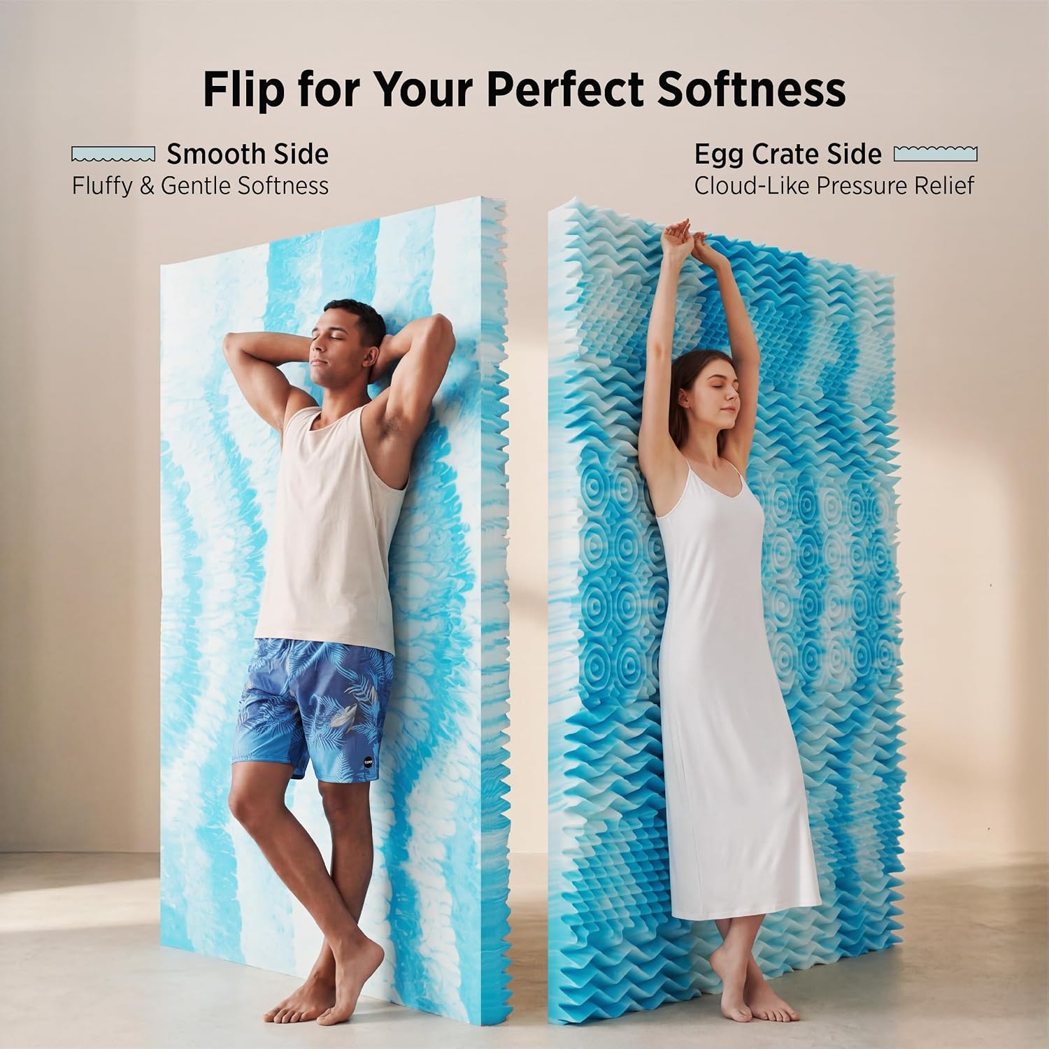 Bedsure 2-in-1 Mattress Topper, 5 Inch Memory Foam Mattress Topper Queen, 3 Inch Memory Foam + 2 Inch Viscose Made from Bamboo Mattress Topper Pad Cover, Flippable Memory Foam with Dual Comfort, White