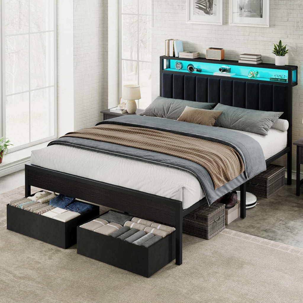 AMERLIFE Queen Bed Frame with LED Light and 2 Storage Drawers, Metal Platform Bed with Storage Headboard, Velvet Upholstered, Heavy-Duty Slats, No Box Spring Needed, Easy Assembly, Black
