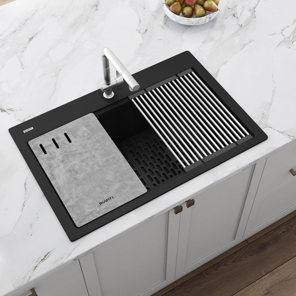 Ruvati 33-inch Granite Composite Quartz Workstation Matte Black Drop-in Topmount Kitchen Sink - RVG1302BK