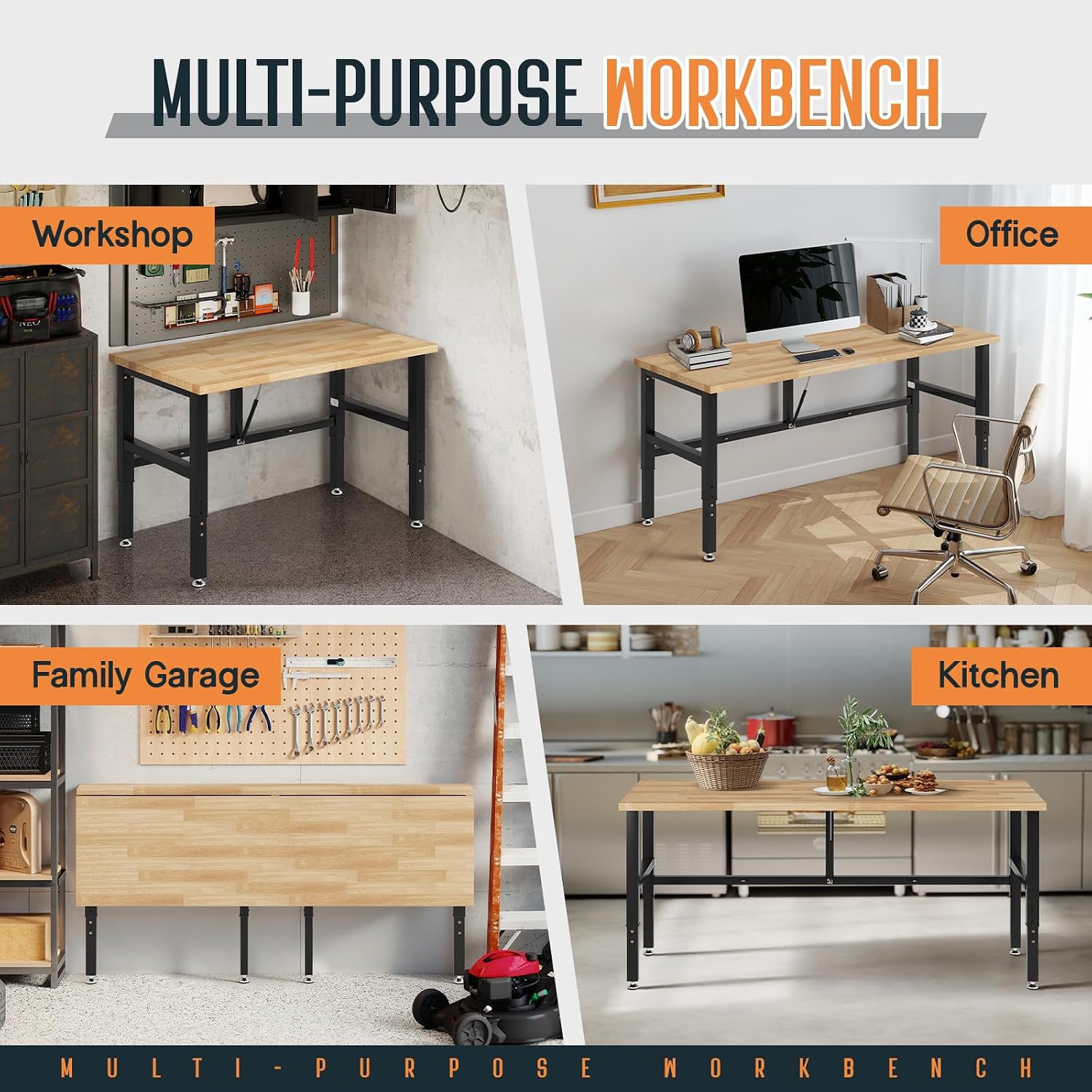 SPECRAFT 72x24 Folding Workbench, Adjustable Foldable Workbench with 2000 LBS Capacity, 30.7"-40" Height, Rubber Wood Top for Garage, Workshop, Office