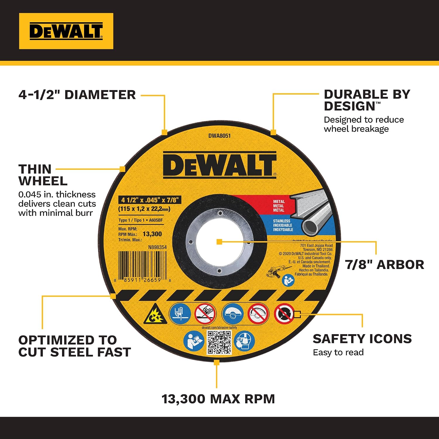 DEWALT 4-1/2 In x .045 in Aluminum Oxide Bonded Abrasive Cut Off Blade with 7/8 in Arbor, 15 Pack General Purpose Cutting Wheels (DWA8051B15)