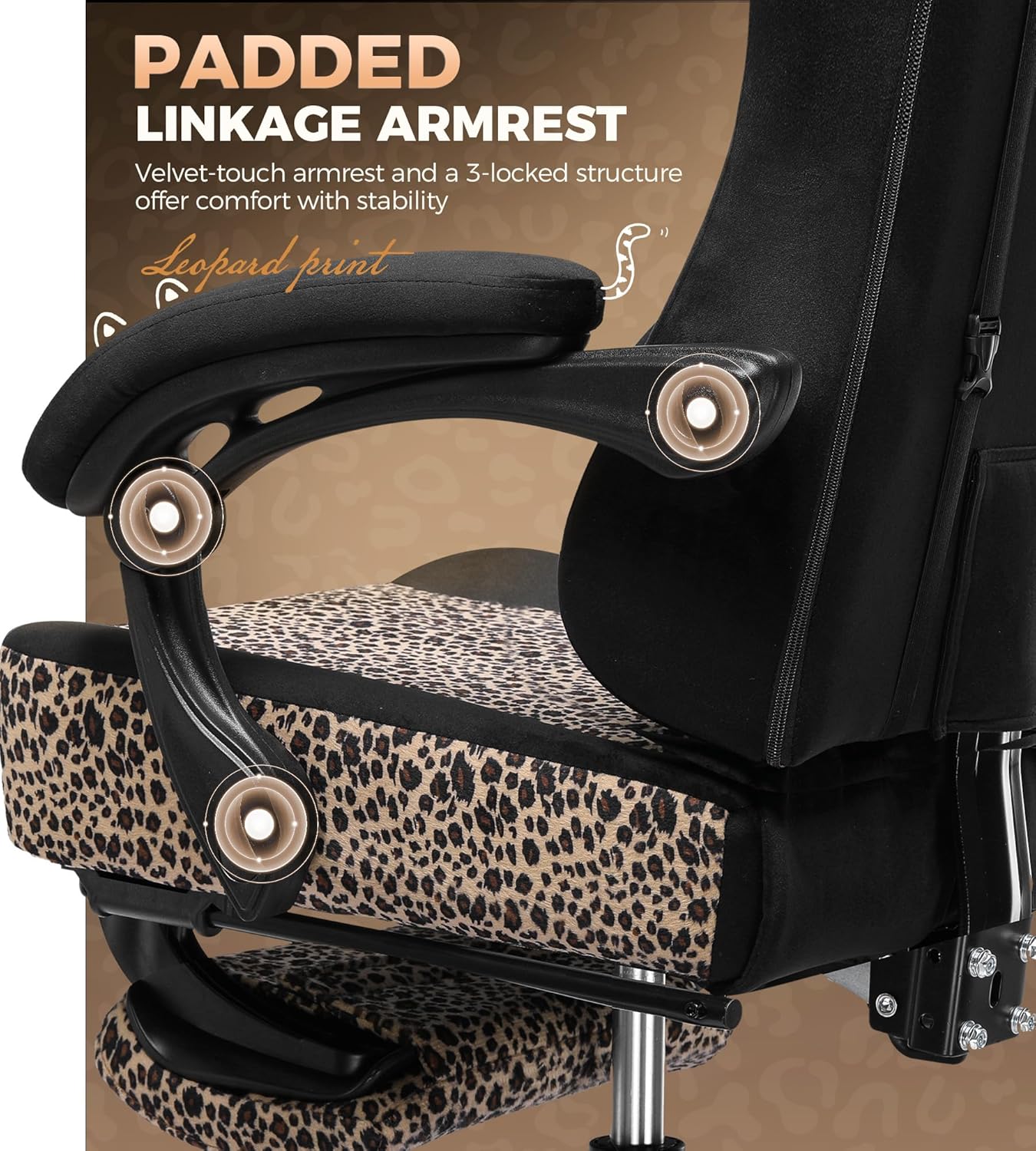 GTPLAYER Gaming Chair with Leopard Print Cat, Cute Velvet Fabric Ergonomic Office Chair with Footrest Headrest and Lumbar Support, Big and Tall Comfortable Video Gamer Chair for Women Gift