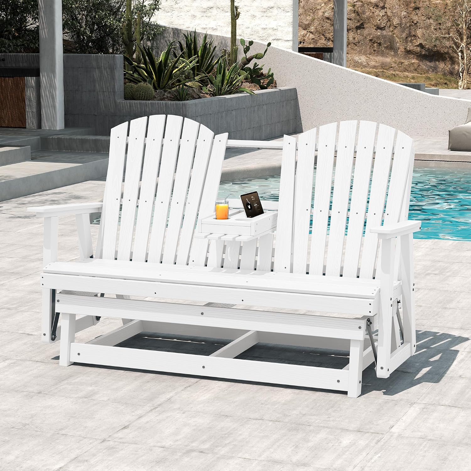 SERWALL 3 Person Outdoor Glider Bench with Cup Holder and iPad Placement,Oversized 66" HDPE Patio Glider Bench, All Weather Patio Glider Chair for Garden,Park,Yard,Front Porch,White
