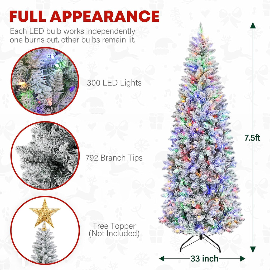 7.5ft Prelit Snow Flocked Pencil Christmas Tree with 300 Multicolor LED Lights, Artificial Slim Christmas Tree with 792 PVC Branch Tips, Metal Stand and Hinged Branches, 10 Color Modes