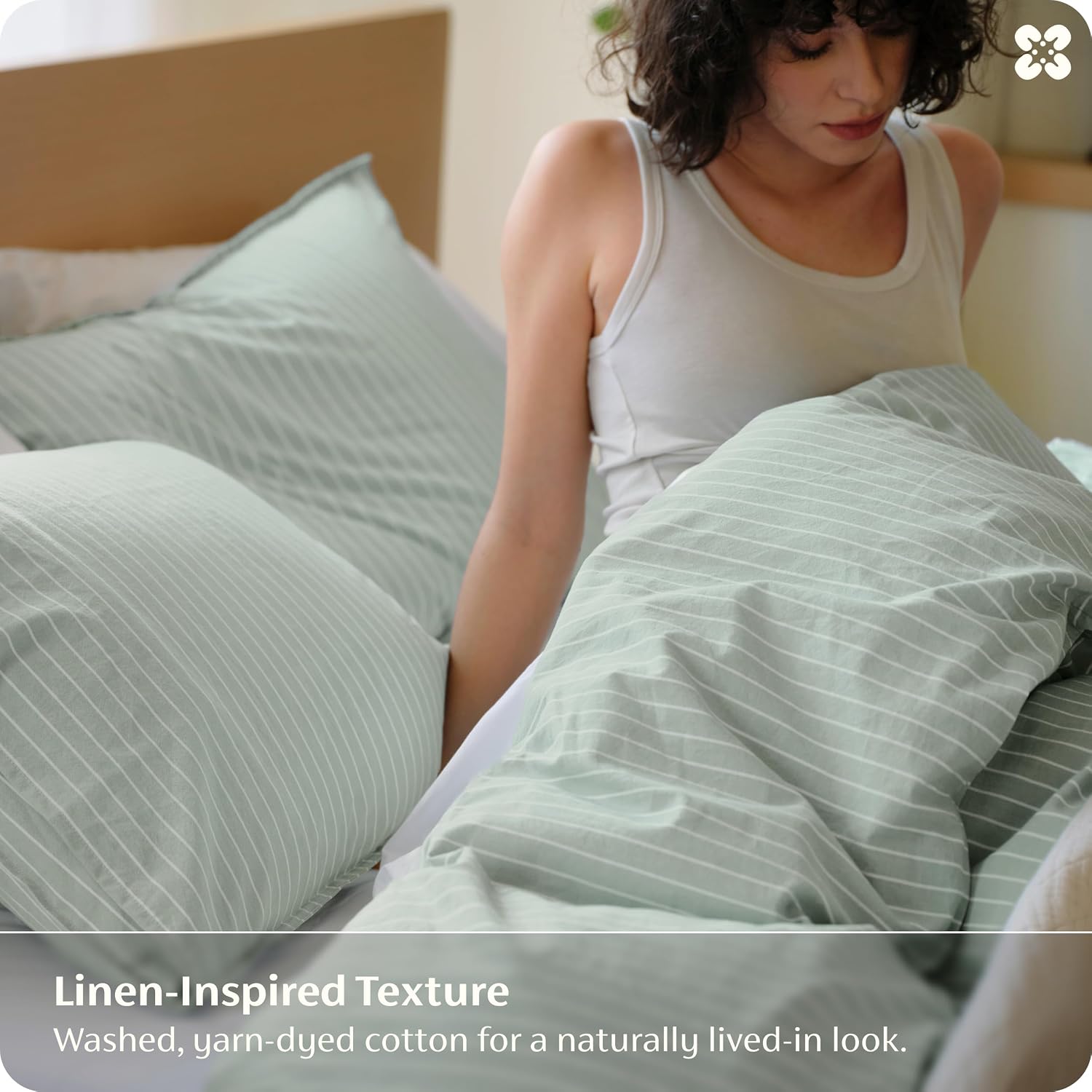 Bedsure Striped Duvet Cover Queen, 100% Washed Cotton Duvet Cover Linen‑Like, PureWoven with Reversible Yarn‑Dyed Design & Double‑Stitch Craft, 3-Piece with Zipper, Stripes Sage Green, 90"x90"