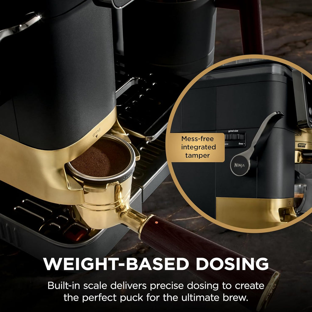 Ninja Luxe™ Café Pro designed by David Beckham, Espresso Machine, Drip Coffee, Cold Brew, Hot Water, Integrated Tamper, Built-in Grinder, Hands-Free Frother for Lattes & More, Black/Gold, ES771BK