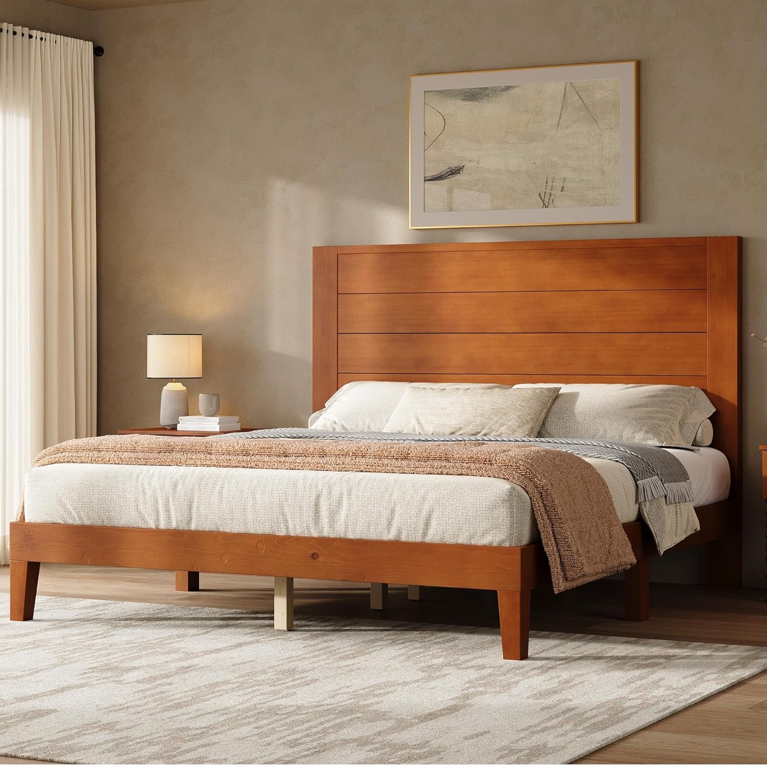 AMERLIFE Queen Size Bed Frame with 48" Tall Headboard, Mid Century Modern Solid Wood Platform Bed with Silent Wood Slat System, No Box Spring Needed, Under-Bed Storage, Brown