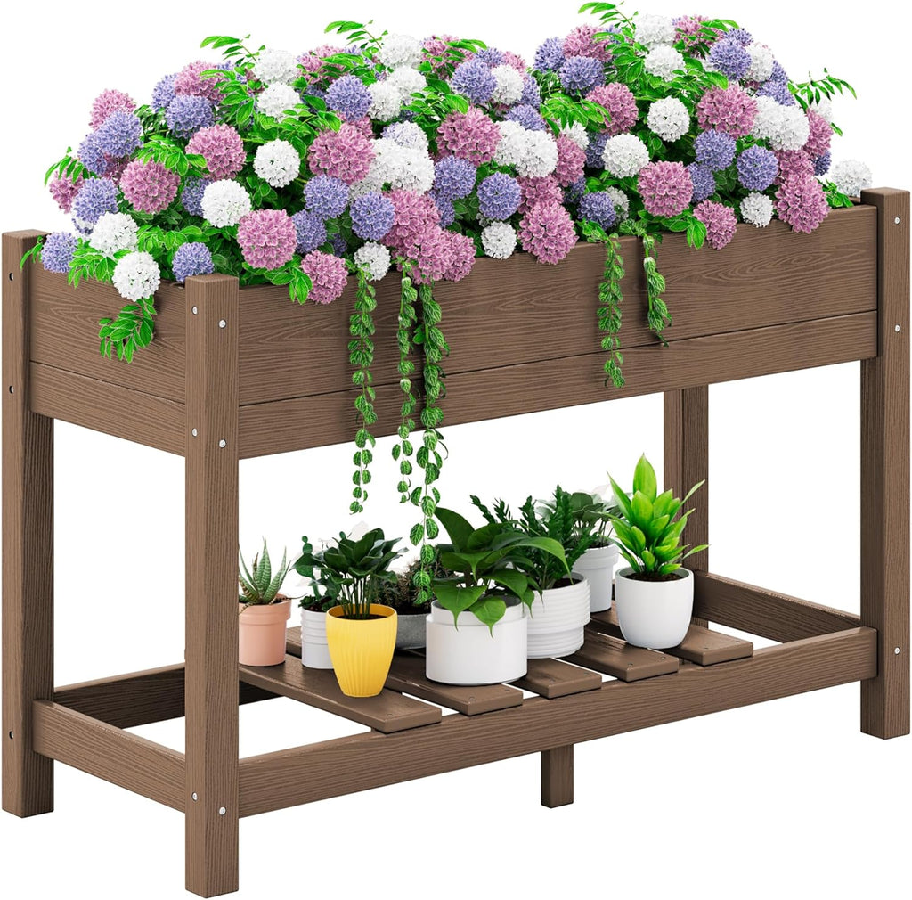 SERWALL Raised Garden Bed with Legs, 43"×17"×30" Large HDPE Elevated Planter Box for Vegetables Flower Herb Patio, All Weather Use- Brown