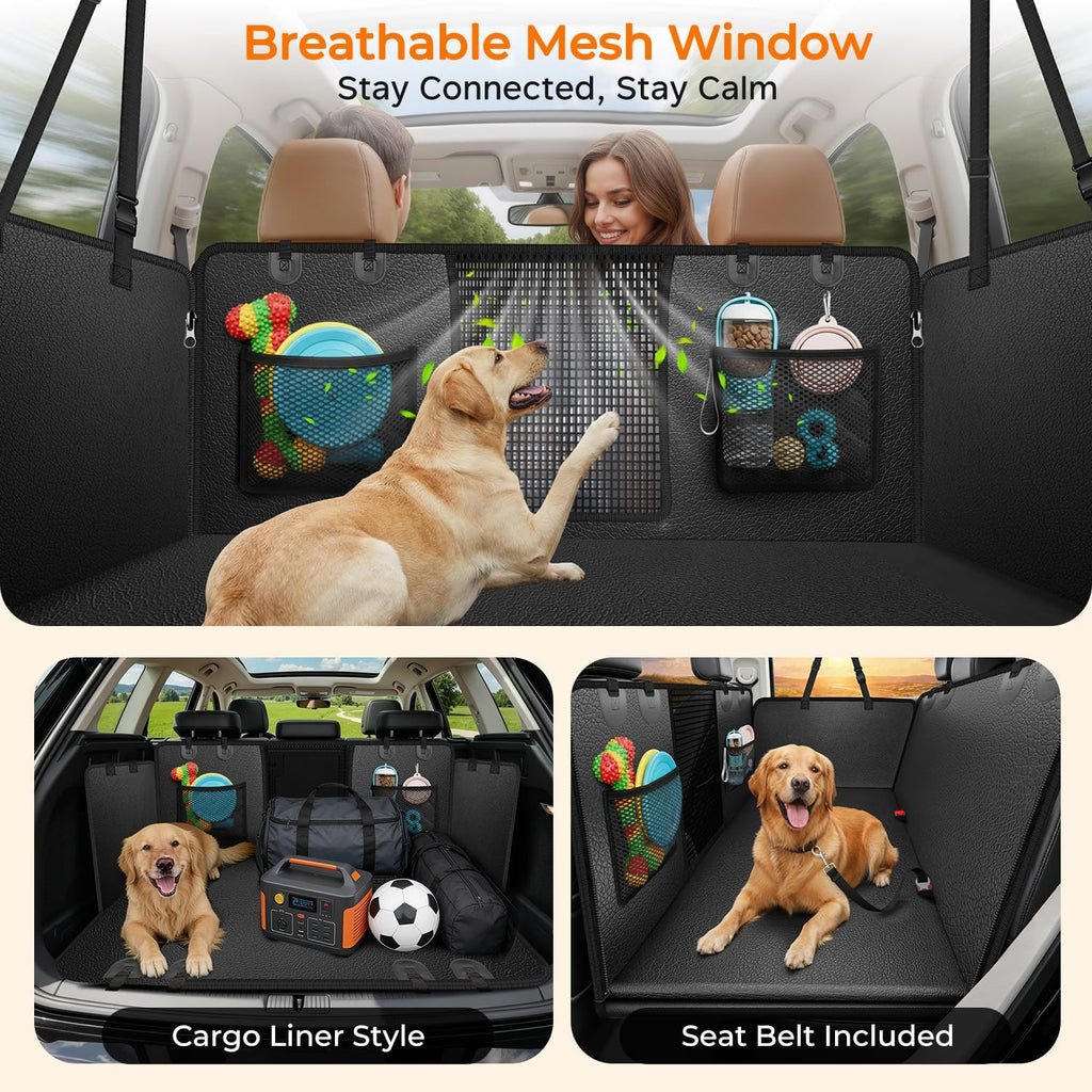 URPOWER Upgraded PU Leather Back Seat Extender for Dogs - Large Hard Bottom Dog Car Seat Cover Holds 550lbs, Waterproof Dog Hammock Pet Bed with High-Density Foam Non-Slip Backseat Protector