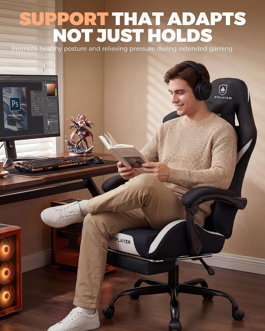 GTPLAYER Gaming Chair with Foot Rest & Pocket Spring Cushion, Ergonomic High Back Computer Desk Chair with Headrest & Lumbar Support for Back Pain Relief, Breathable Fabric, Black