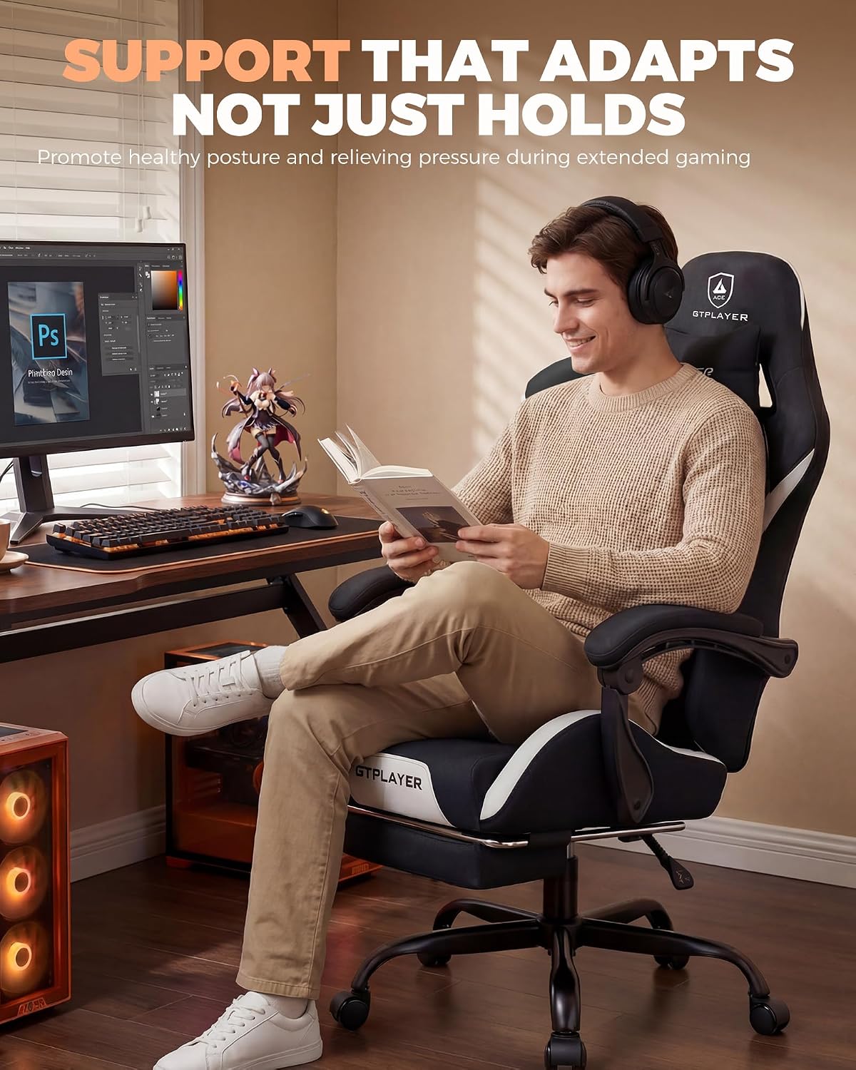 GTPLAYER Gaming Chair with Foot Rest & Pocket Spring Cushion, Ergonomic High Back Computer Desk Chair with Headrest & Lumbar Support for Back Pain Relief, Breathable Fabric, Black