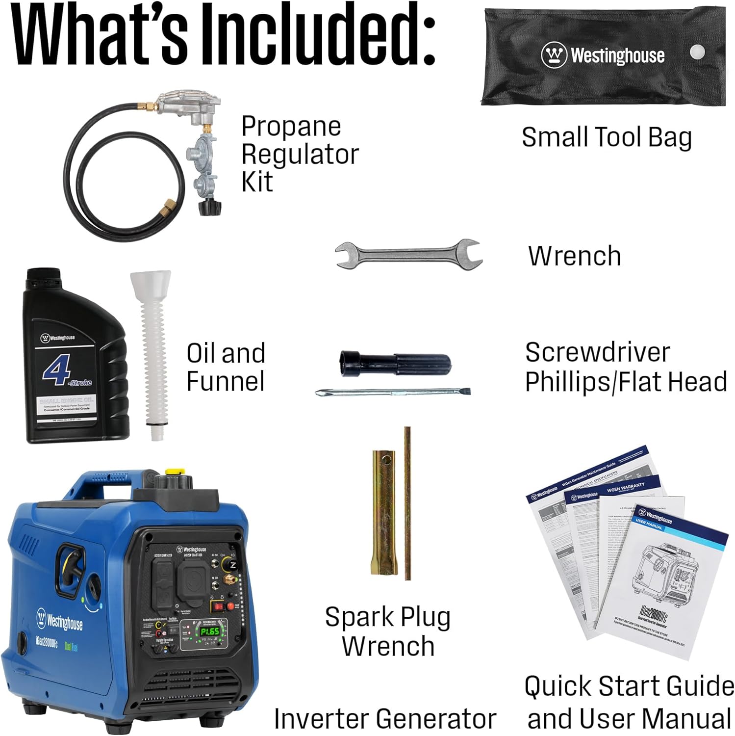 Westinghouse 2800 Peak Watt Super Quiet & Lightweight Dual Fuel Portable Inverter Generator, Gas & Propane Powered, CO Sensor, Parallel Capable, Long Run Time