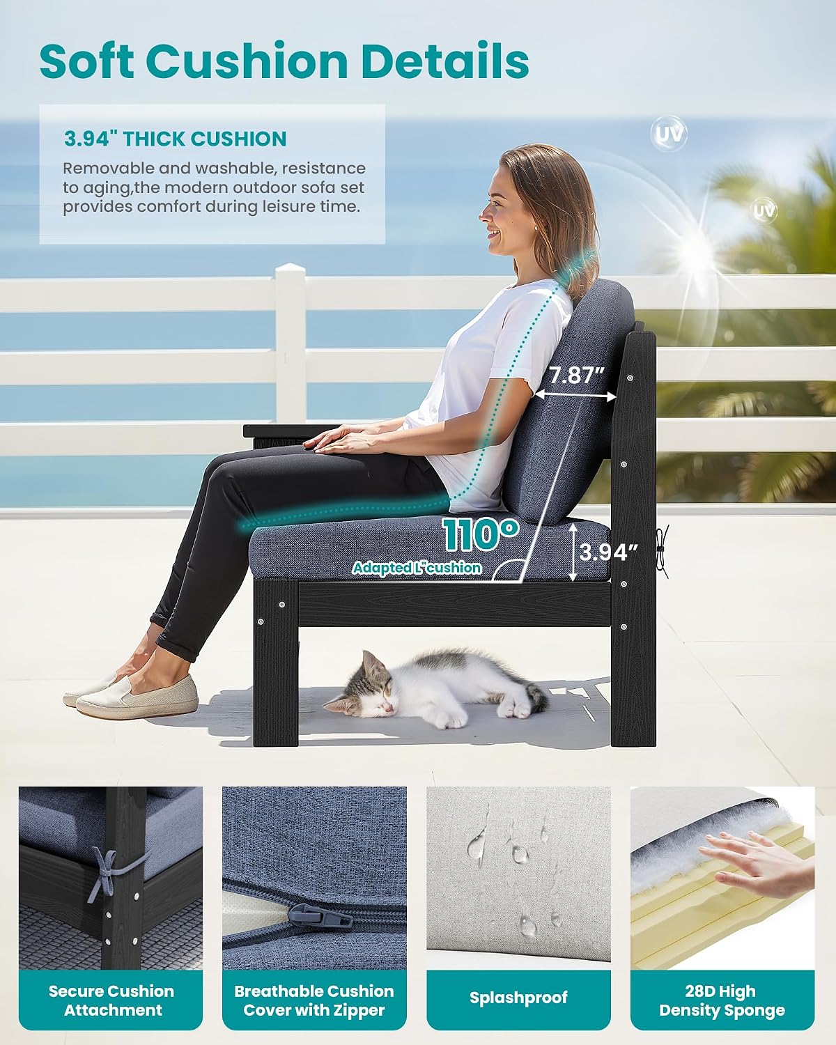 SERWALL HDPE Patio Loveseat Sofa, 2 Pieces Single Sofa, Weather-Resistant Outdoor Furniture Chair with Thick Removable Cushion, Balcony, Garden, Backyard, Poolside, Black Frame with Grey Cushion