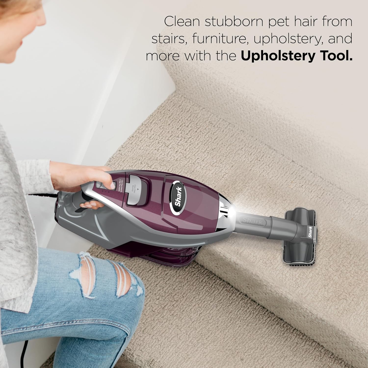 Shark Rocket Pet Plus | Corded Stick Vacuum Cleaner for Carpet, Rugs & Hard Floors | Lightweight Hand Vacuum for Pet Hair | LED Headlights | XL Dust Cup | 2 Attachments | Bordeaux/Silver | HV322