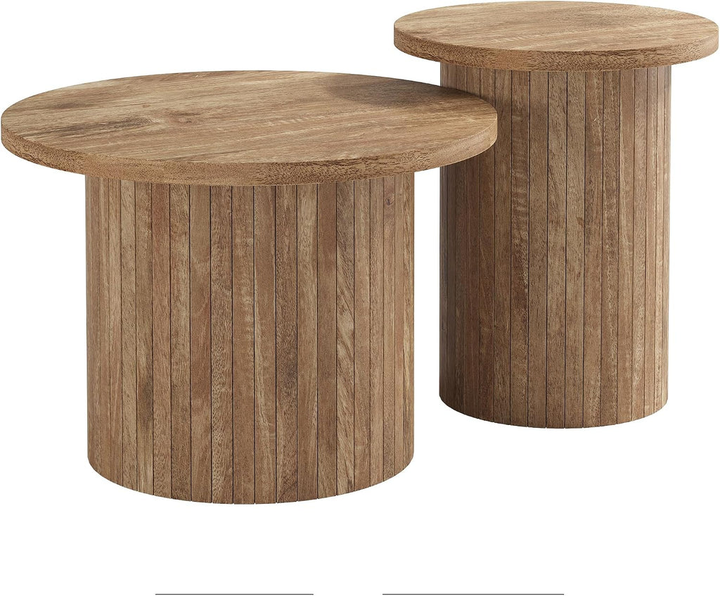 AMERLIFE Rustic Nesting Coffee Table Set of 2, Wood Finish Coffee Table Set, Farmhouse Round Sofa Side Tables for Living Room, Small Spaces, Natural Finish