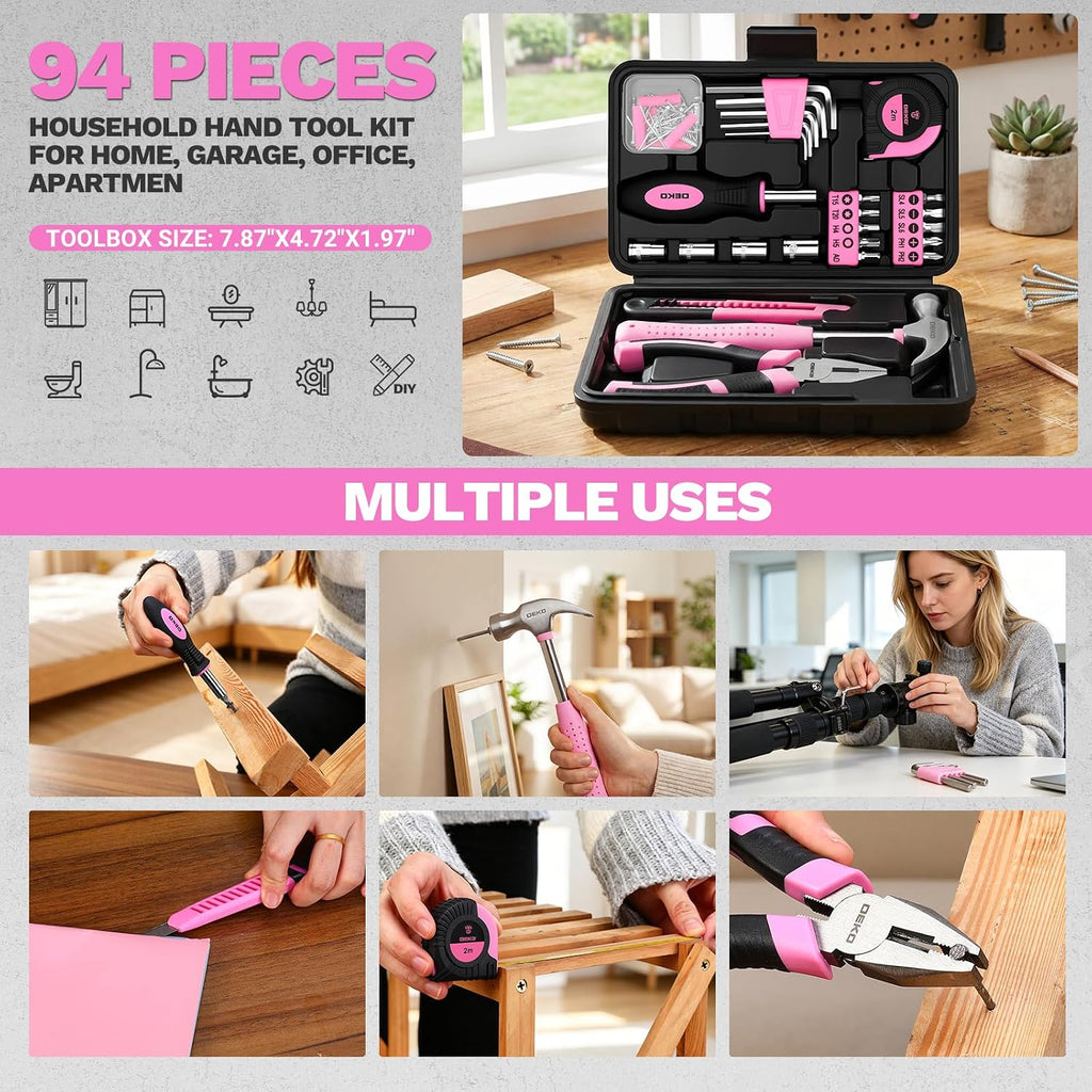 DEKOPRO 94 Piece Pink Tool Set, Household DIY Tool Kit for Women with Storage Toolbox, Small Basic Hand Tool Box Set for Home Repair, DIY, Apartment, Office
