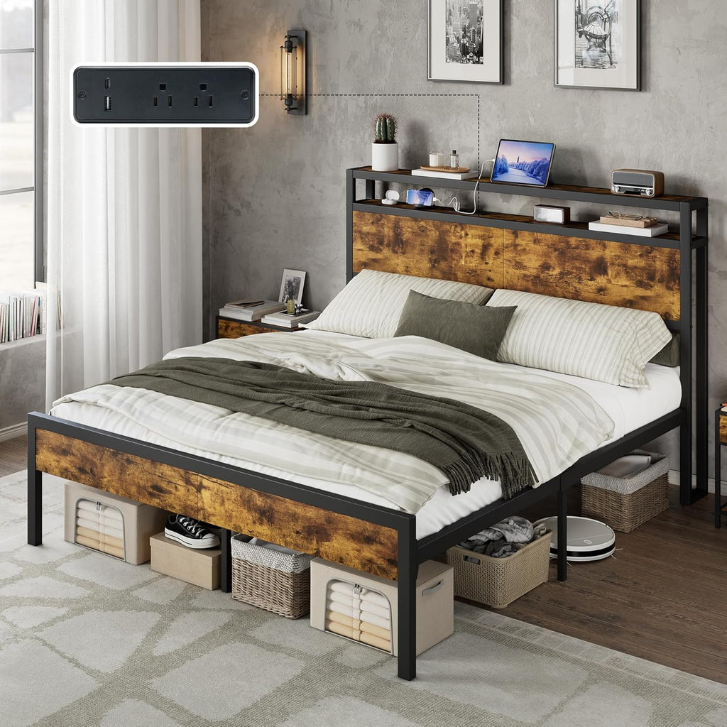 AMERLIFE Queen Size Bed Frame with Storage Headboard & Charging Station, Industrial Metal Platform Bed with Large Under-Bed Storage, Heavy Duty Slats, No Box Spring Needed, Dark Brown