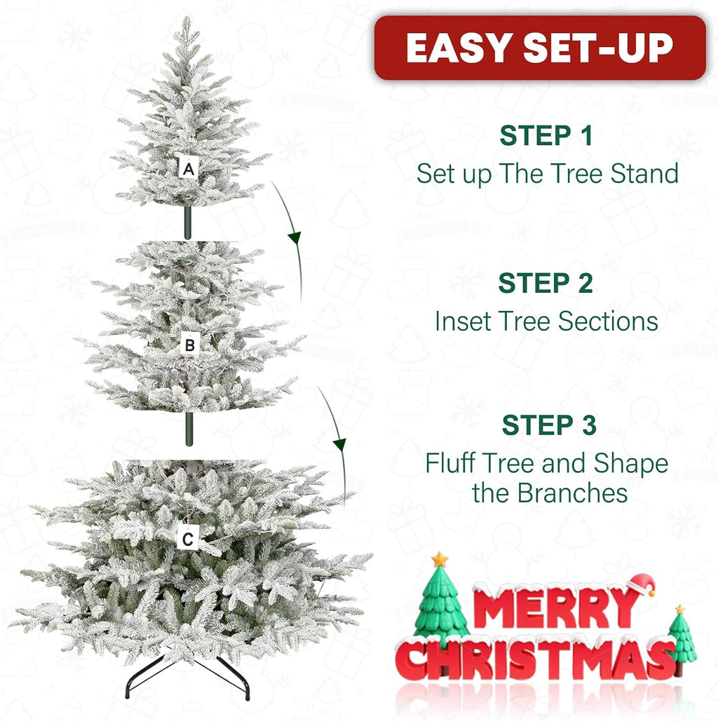 6ft Lighted Flocked Christmas Tree with 330 Warm White Lights, Artificial Hinged Christmas Tree with 797 PE&PVC Mixed Branch Tips for Home, Easy Assembly for Indoor Holiday Decorating
