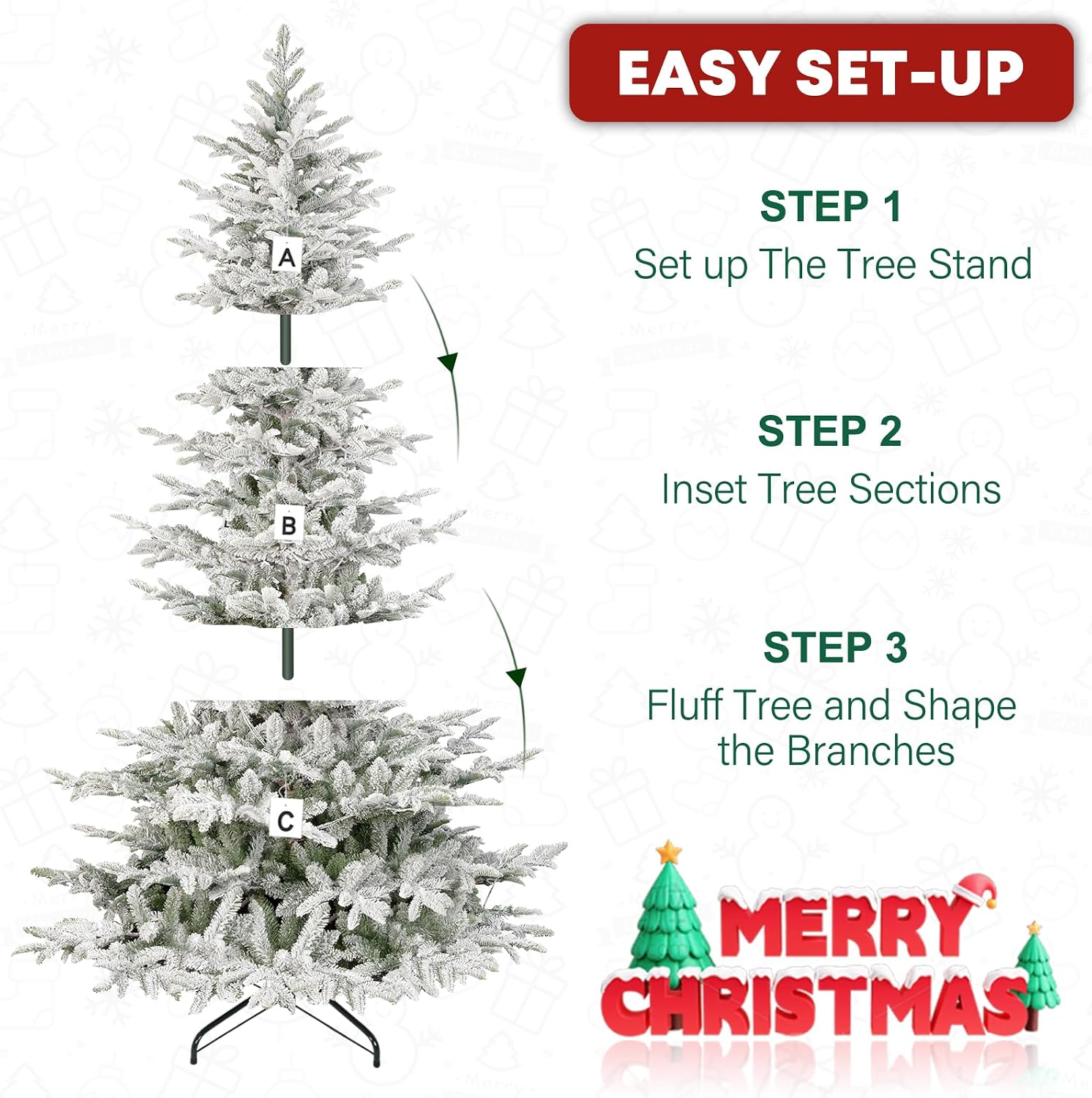 7.5 ft Lighted Flocked Christmas Tree, 450 Warm White LED Lights, 1173 PE&PVC Mixed Branch Tips for Home, Easy Assembly for Indoor Holiday Decorating