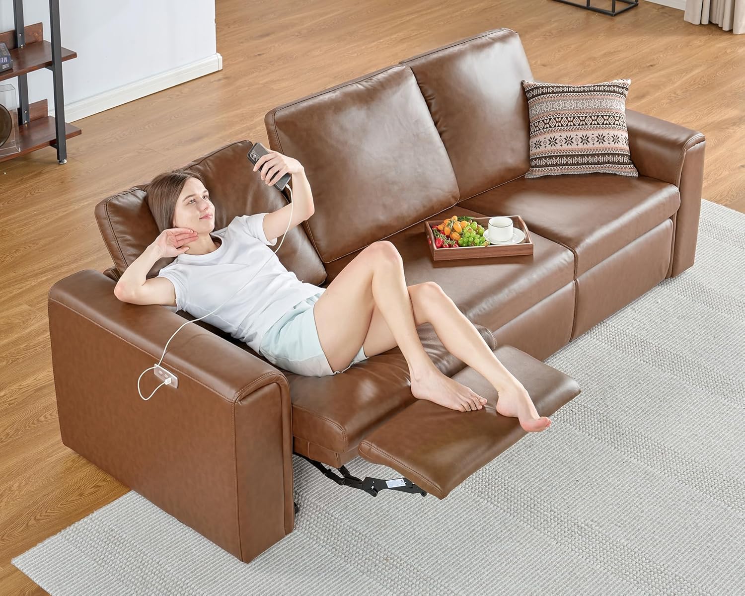 AMERLIFE 44” Power Recliner Chair with 8.5” Wide Armrests, Single Electric Reclining Sofa with USB Charging Port, Leather Recliner for Living Room, Brown
