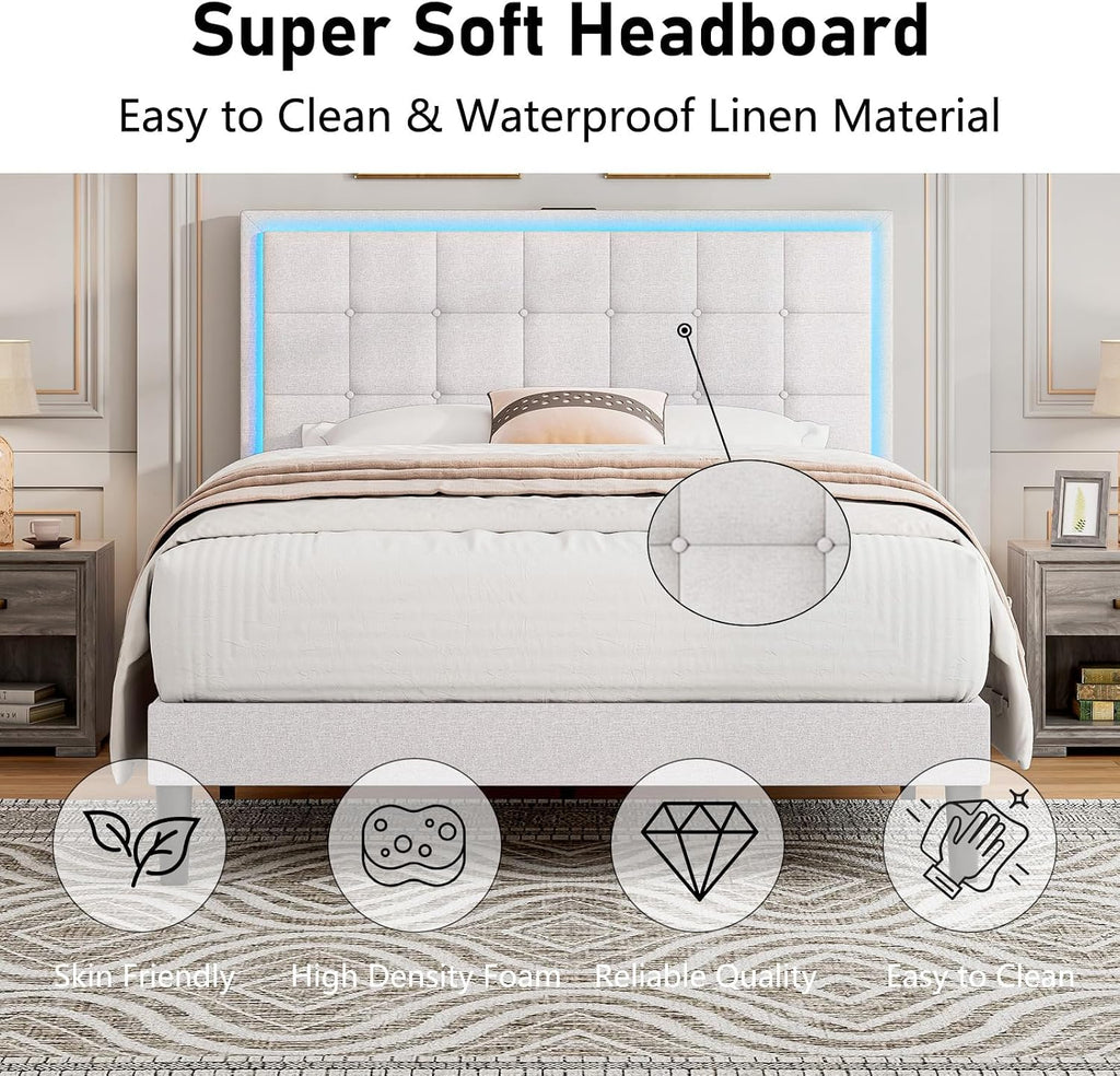 AMERLIFE Full Size Upholstered Bed Frame with LED Lights, Soft Fabric/Button Tufted Platform Bed with Charging Station/Wood Slat Support/Noise Free, White