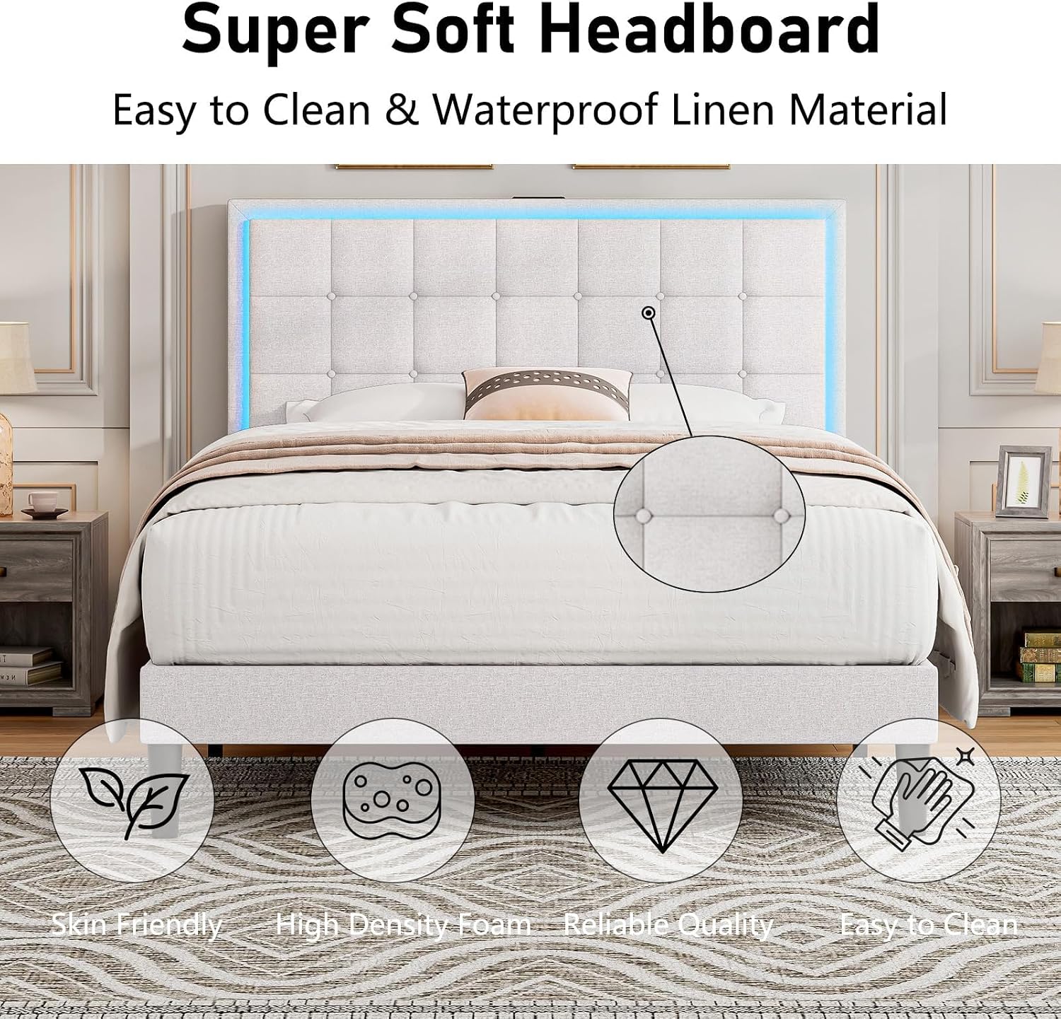 AMERLIFE Full Size Upholstered Bed Frame with LED Lights, Soft Fabric/Button Tufted Platform Bed with Charging Station/Wood Slat Support/Noise Free, White