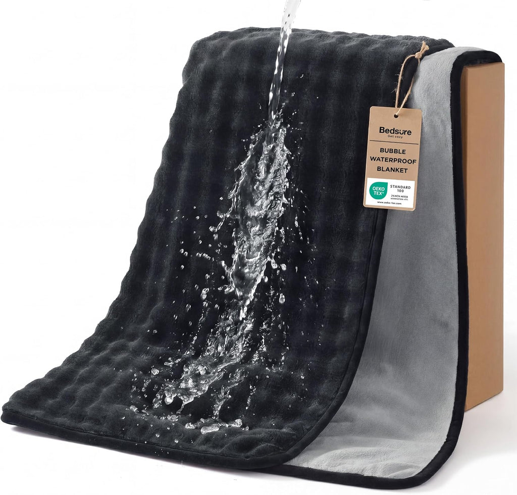 Bedsure Bubble Waterproof Blanket for Couch - Soft Fleece Reversible Dog Blankets for Small Dogs, Waterproof Couch Sofa Cover Bed Protector, Black/Grey, Throw 50x60 inches