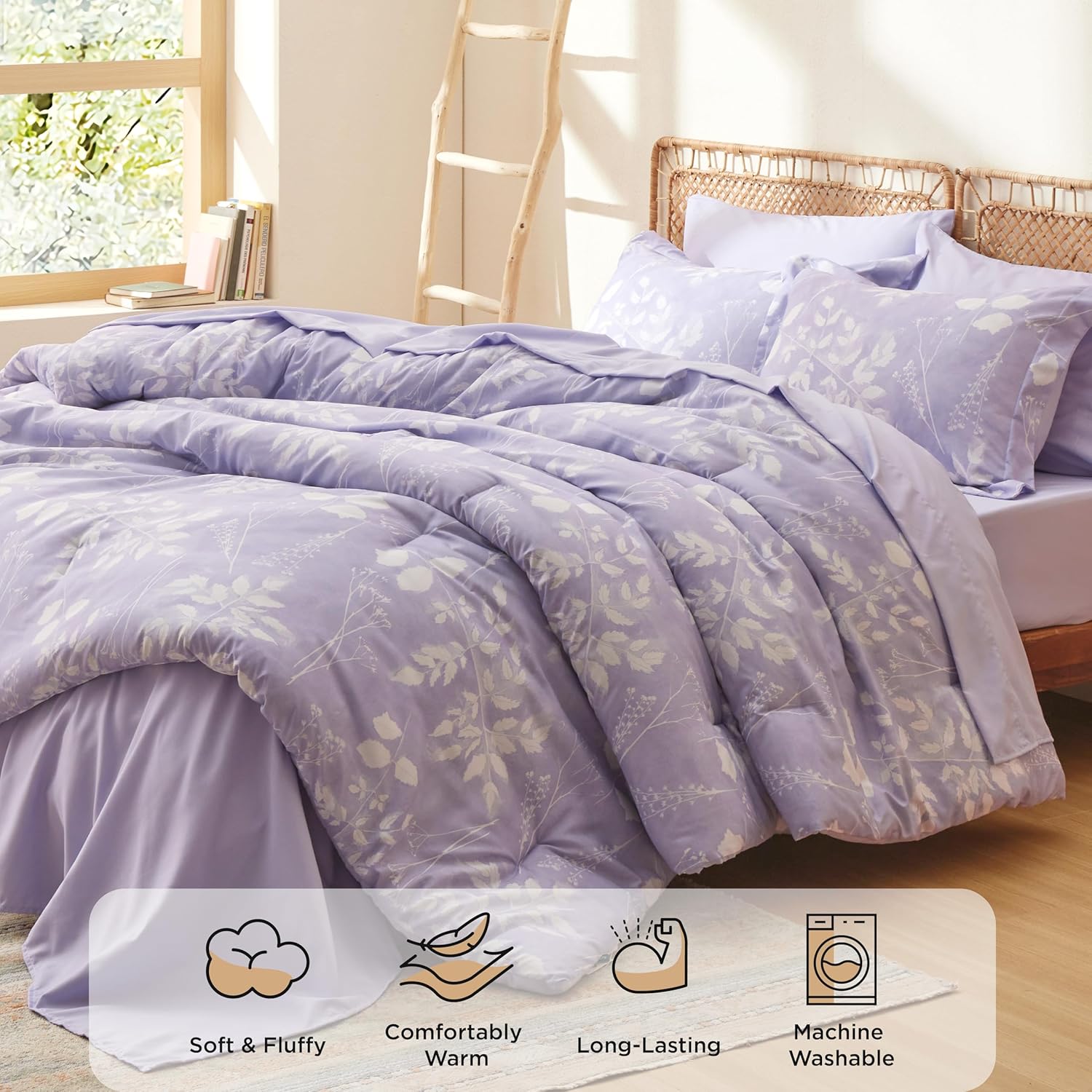 Bedsure Queen Comforter Set - 7 Pieces Floral Lavender Soft Bedding Sets, Queen Bed in a Bag with Botanical Flowers Comforter, Sheets, Pillowcases & Shams