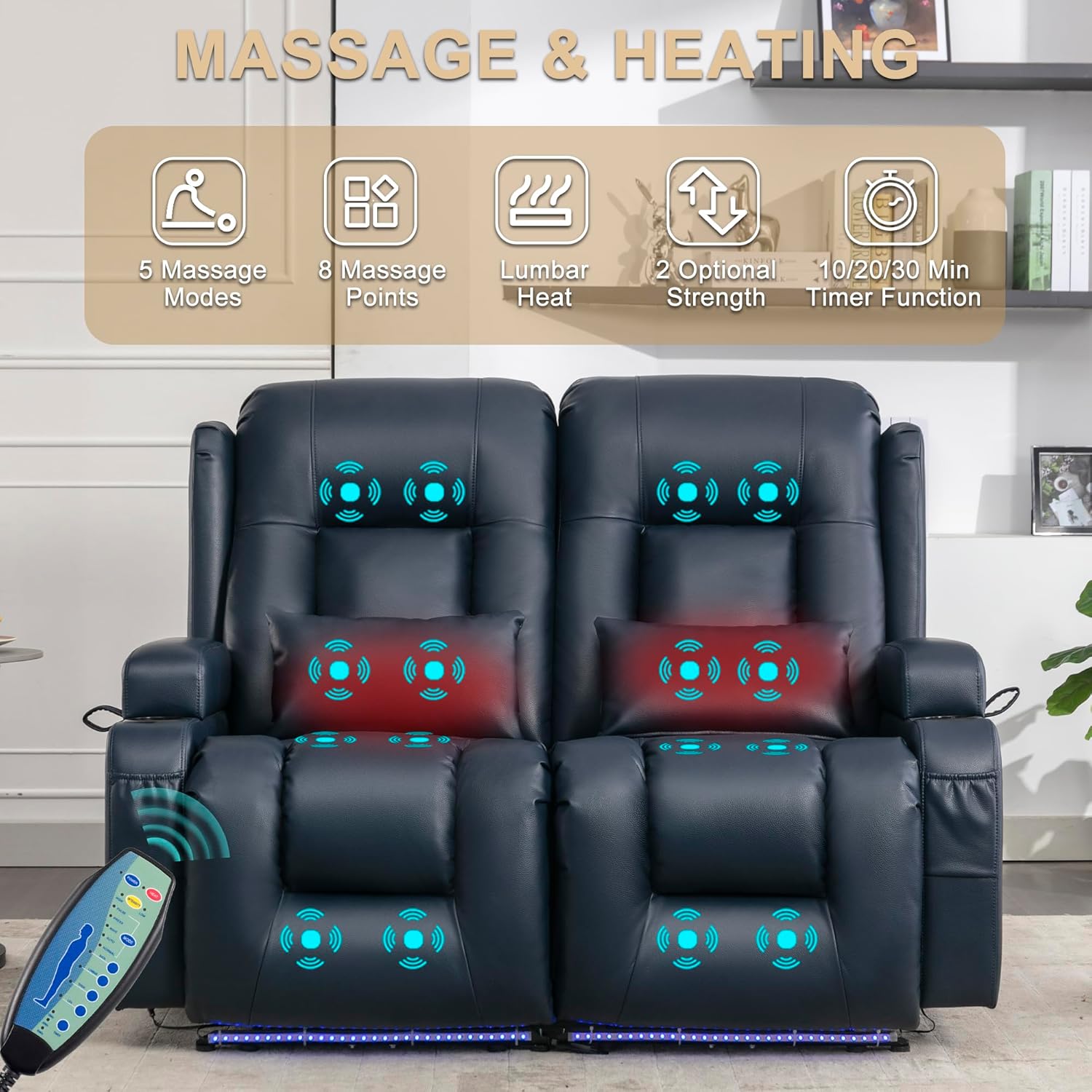 URRED Power Loveseat Recliner Sofa with Massage and Heat, Wall Hugger Reclining Loveseat, RV Couch Home Theater Seating with LED Lights for Living Room (Dark Blue, 54" - 2 Seats)