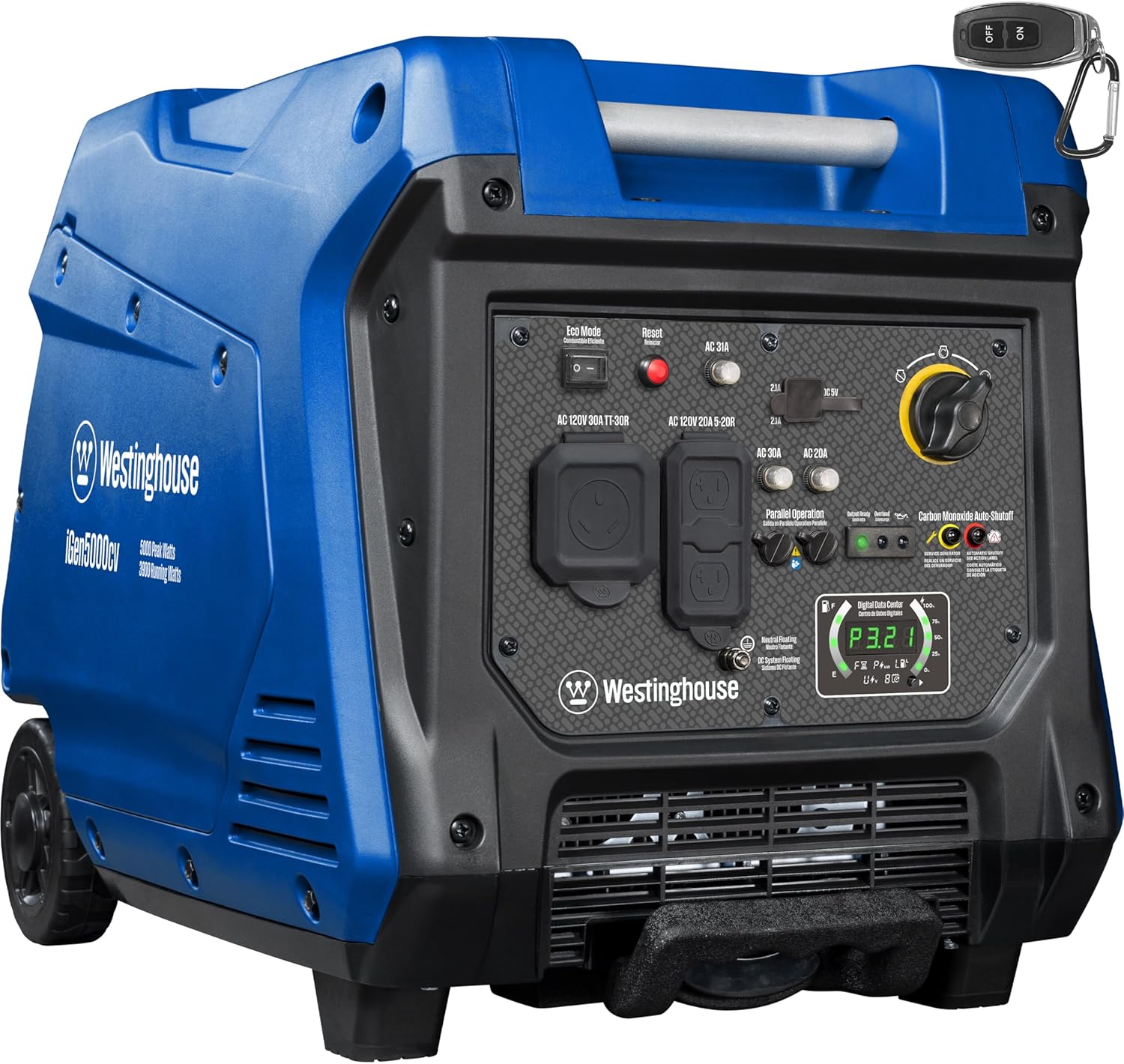 Westinghouse 5000 Peak Watt Super Quiet Portable Inverter Generator, Wheel & Handle Kit, RV Ready 30A Outlet, Gas Powered, CO Sensor, Parallel Capable,Blue