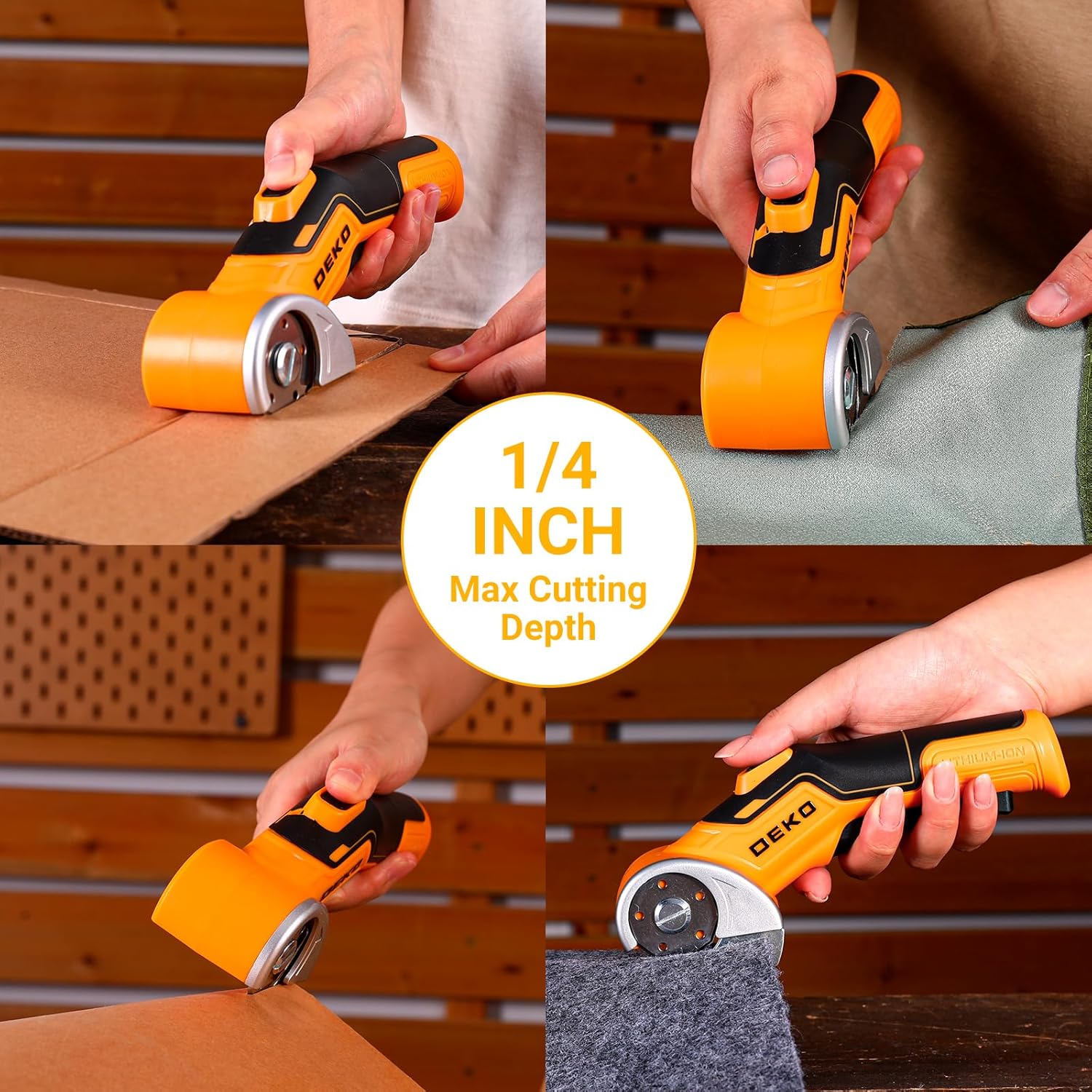 Cordless Electric Scissors Cardboard Cutter: DEKOPRO 4V 2000mAh Electric Box Cutter, Rechargeable Power Rotary Cutting Tool with Safety Lock, 389g Carpet Scissors with 2 Blade, Type-c(Yellow)