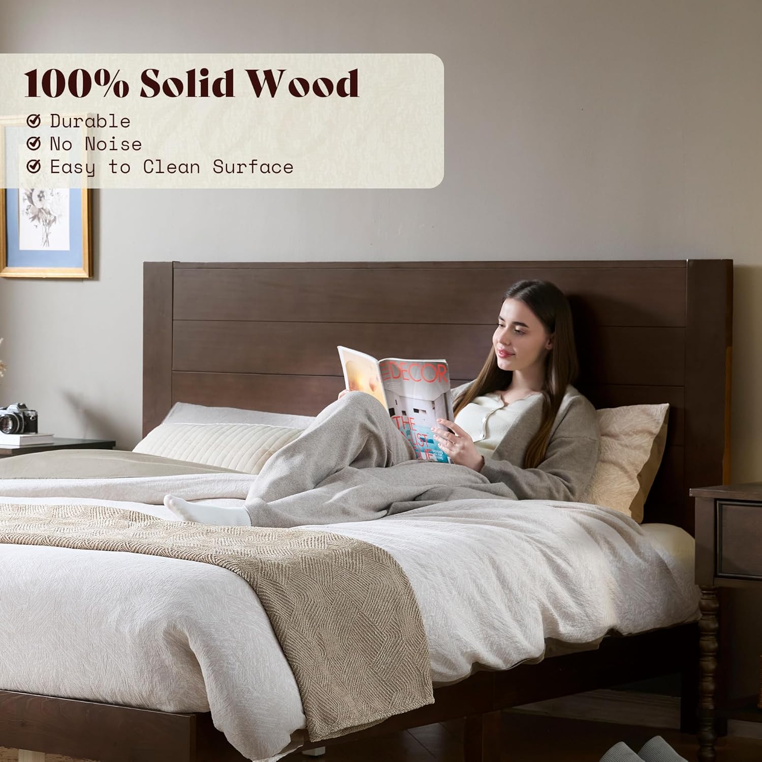AMERLIFE Queen Size Bed Frame with 48" Tall Headboard, Mid Century Modern Solid Wood Platform Bed with Silent Wood Slat System, No Box Spring Needed, Under-Bed Storage, Dark Walnut
