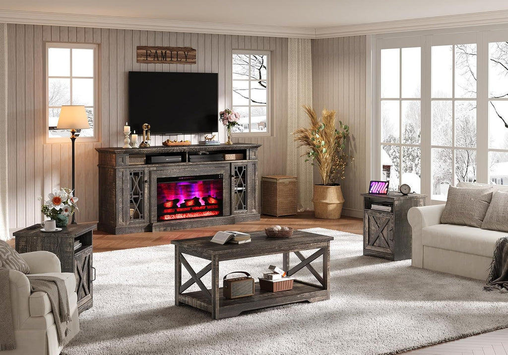 AMERLIFE 4 Pieces Living Room Table Sets, 70" Farmhouse TV Stand with 33" Electric Fireplace, Coffee Table & 2 End Tables with Charging Station and USB Ports, Living Room, Dark Oak