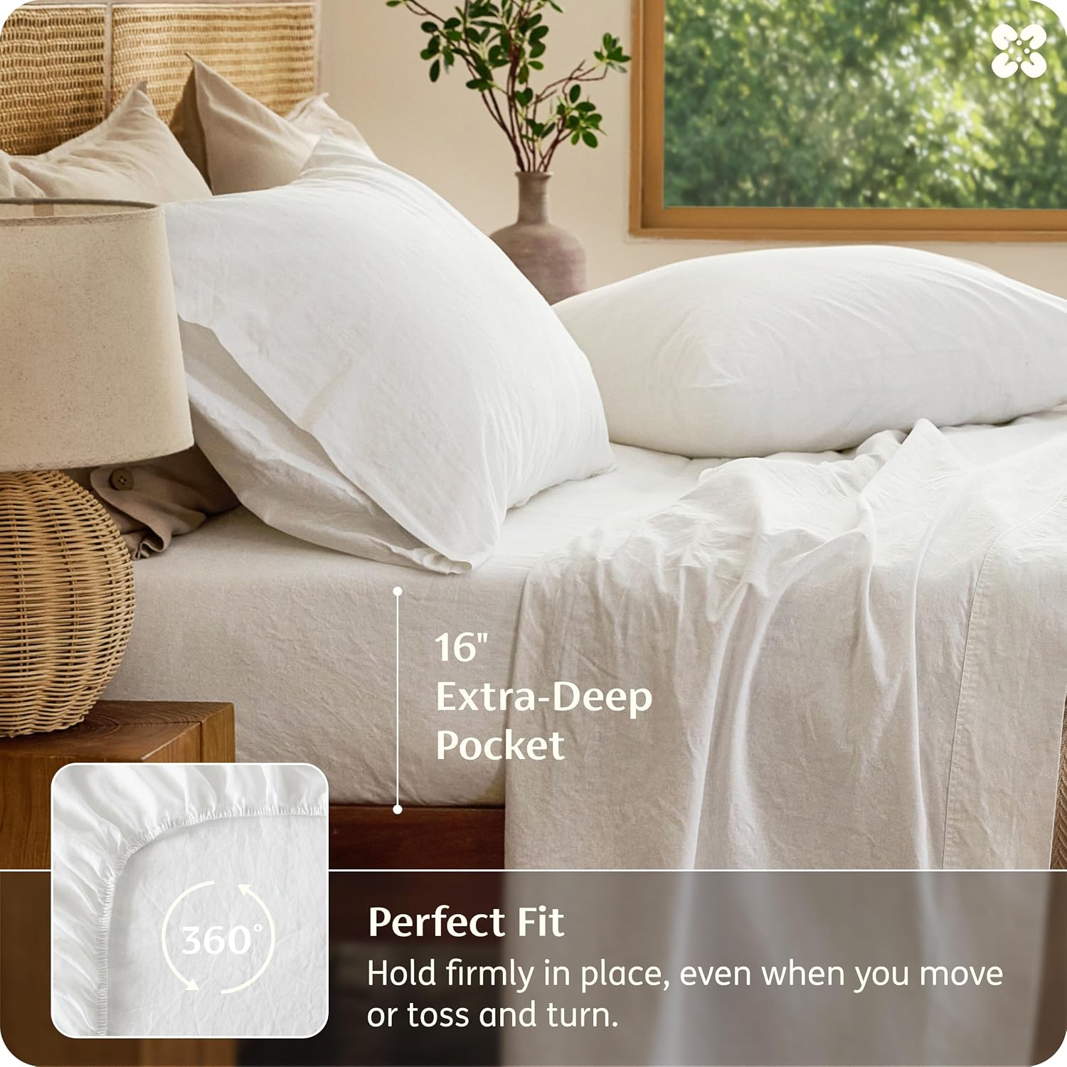 Bedsure Linen Sheets California King Size - Cotton Linen Blend Bed Sheets, Anti - Pilling, Ultra-Soft & Breathable, 16" Deep Pocket, PureWoven Natural Texture Improves with Use, 4 Pieces (White)
