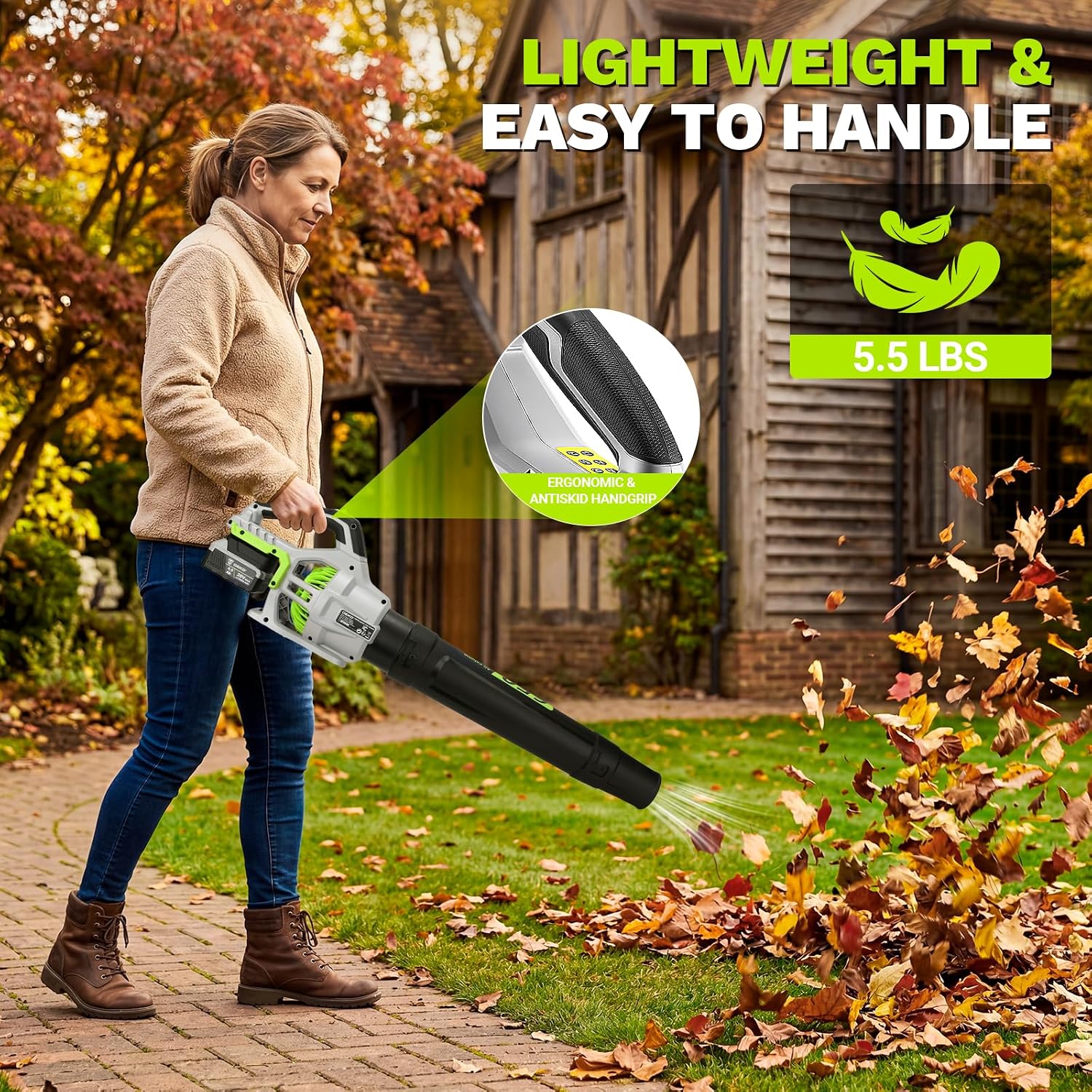 Leaf Blower Cordless, 650 CFM Electric Leaf Blowers with 2 x 4.0Ah Batteries and Charger, 2 Speed Modes, Lightweight Blower for Blowing Leaves, Patio, Yard Cleaning, Blowers for Lawn Care and Dust