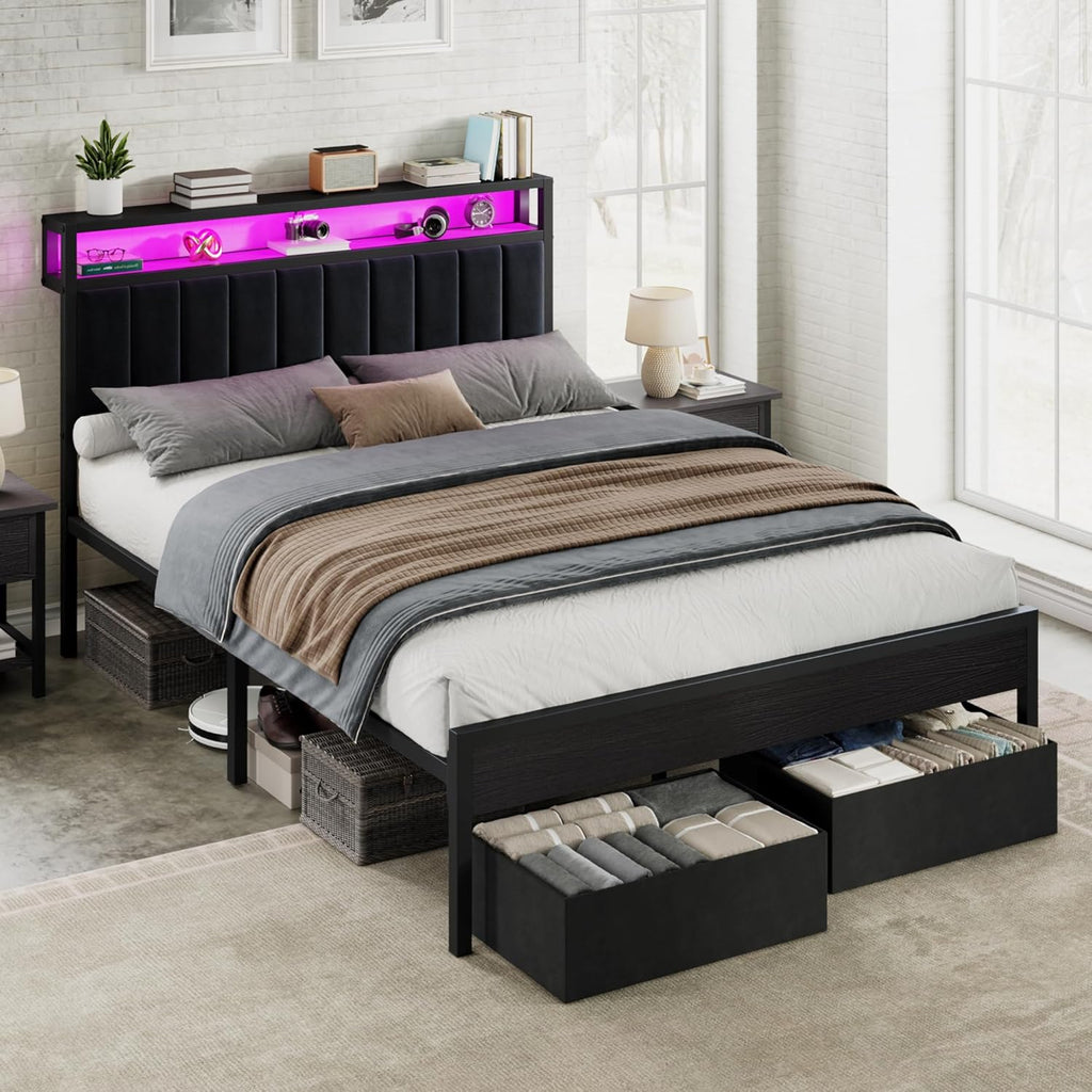 AMERLIFE Queen Bed Frame with LED Light and 2 Storage Drawers, Metal Platform Bed with Storage Headboard, Velvet Upholstered, Heavy-Duty Slats, No Box Spring Needed, Easy Assembly, Black