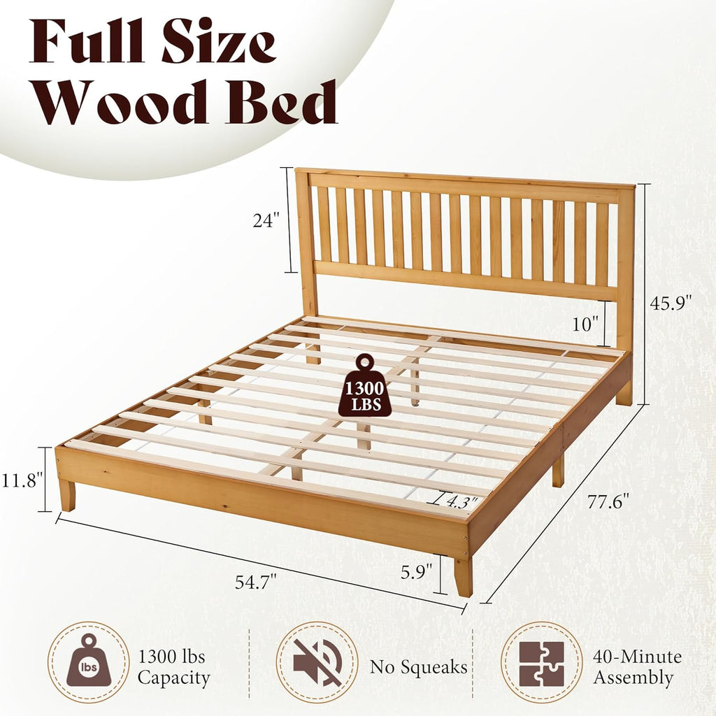 AMERLIFE Full Bed Frame, Solid Wood Platform Bed with Vertical Slats Headboard, Wooden Bedframe Full-Size, Sturdy Wooden Slats Support, No Box Spring Needed, Noise Free, Light Wood