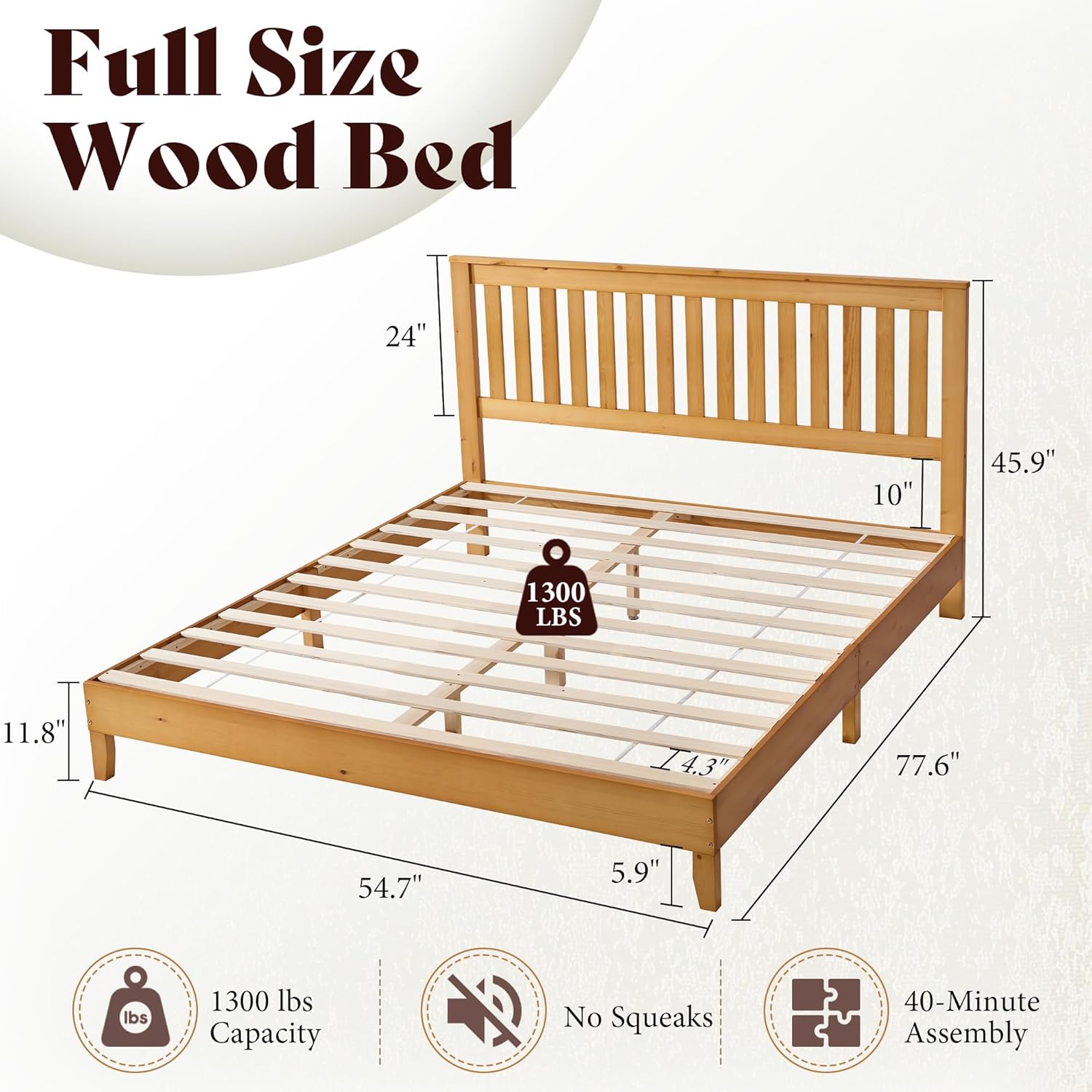 AMERLIFE Full Bed Frame, Solid Wood Platform Bed with Vertical Slats Headboard, Wooden Bedframe Full-Size, Sturdy Wooden Slats Support, No Box Spring Needed, Noise Free, Light Wood