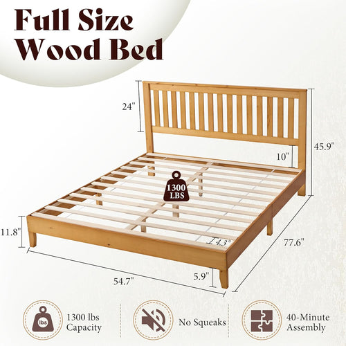 AMERLIFE Full Bed Frame, Solid Wood Platform Bed with Vertical Slats Headboard, Wooden Bedframe Full-Size, Sturdy Wooden Slats Support, No Box Spring Needed, Noise Free, Light Wood