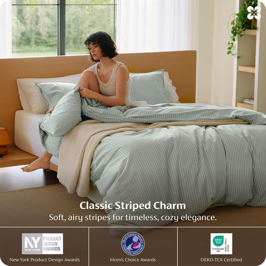 Bedsure Striped Duvet Cover Queen, 100% Washed Cotton Duvet Cover Linen‑Like, PureWoven with Reversible Yarn‑Dyed Design & Double‑Stitch Craft, 3-Piece with Zipper, Stripes Sage Green, 90"x90"