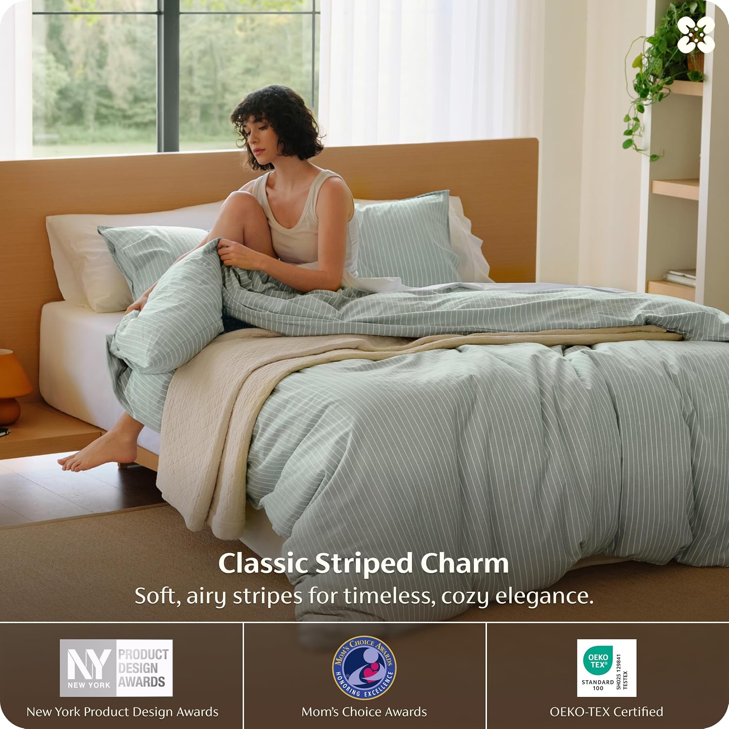Bedsure Striped Duvet Cover Queen, 100% Washed Cotton Duvet Cover Linen‑Like, PureWoven with Reversible Yarn‑Dyed Design & Double‑Stitch Craft, 3-Piece with Zipper, Stripes Sage Green, 90"x90"
