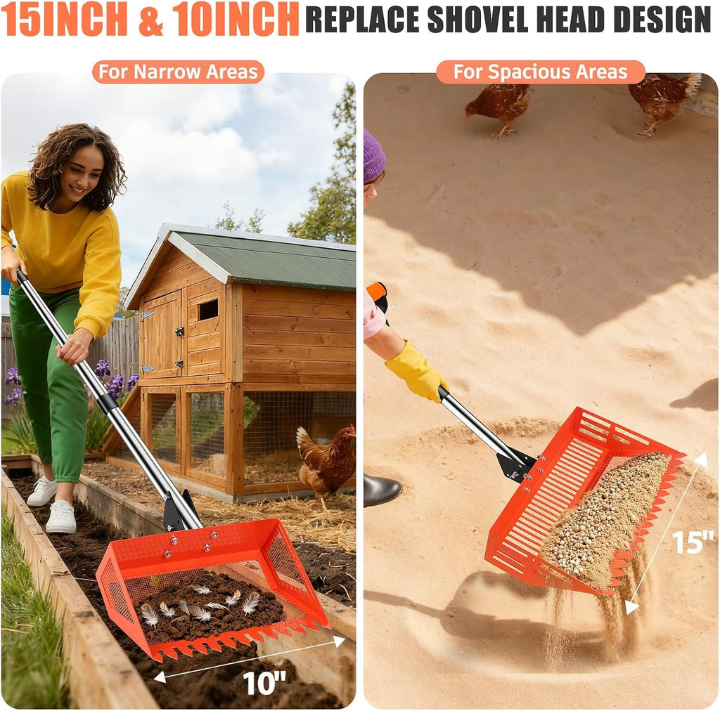 15/10'' Chicken Poop Scooper & Rake,4 IN 1 Chicken Coop Scoop with 2 Large Metal Shovel Heads,Chicken Coop Scooper for Sand,Chicken Scoop with Long Handle,Sifting Shovel for Chicken Coops(37 to 65in)
