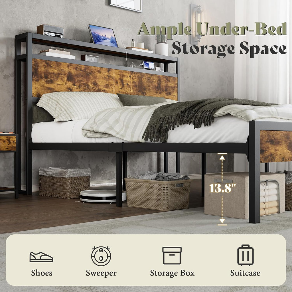 AMERLIFE Queen Size Bed Frame with Storage Headboard & Charging Station, Industrial Metal Platform Bed with Large Under-Bed Storage, Heavy Duty Slats, No Box Spring Needed, Dark Brown