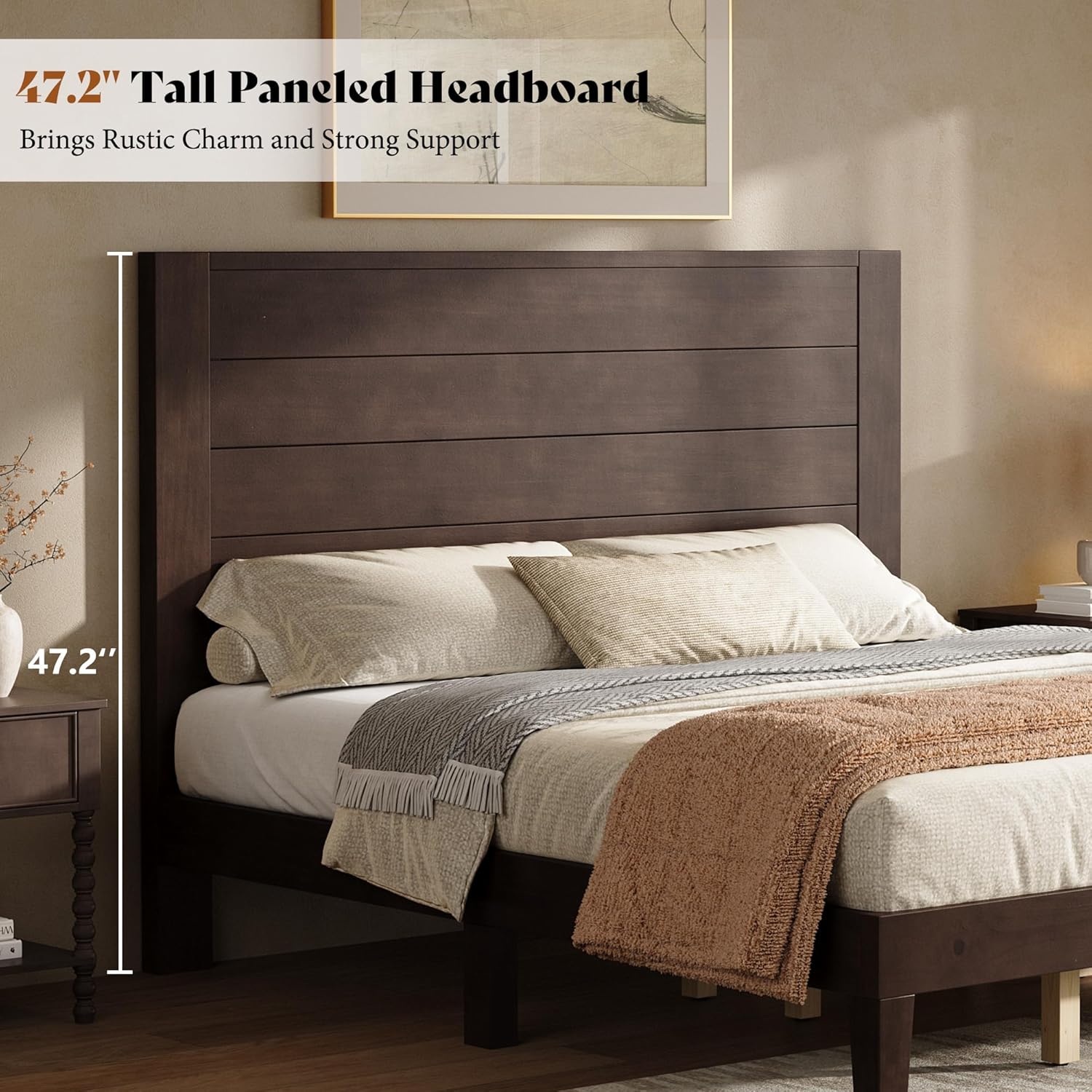 AMERLIFE Queen Size Bed Frame with 48" Tall Headboard, Mid Century Modern Solid Wood Platform Bed with Silent Wood Slat System, No Box Spring Needed, Under-Bed Storage, Dark Walnut