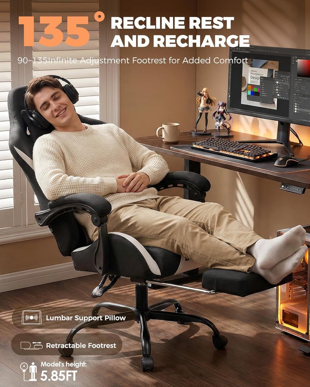 GTPLAYER Gaming Chair with Foot Rest & Pocket Spring Cushion, Ergonomic High Back Computer Desk Chair with Headrest & Lumbar Support for Back Pain Relief, Breathable Fabric, Black